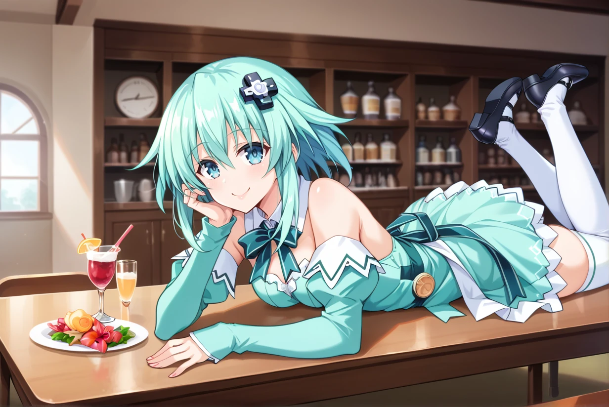 score_9, score_8_up, score_7_up, best quality, masterpiece, source_anime, anime screenshot, BREAK,  1girl. neptune_\(neptunia\), Floral Mint outfit, <lora:prcarrot_FloralMint:1>, smile, happy, Lying on the stomach, propped up on elbows, in restaurant