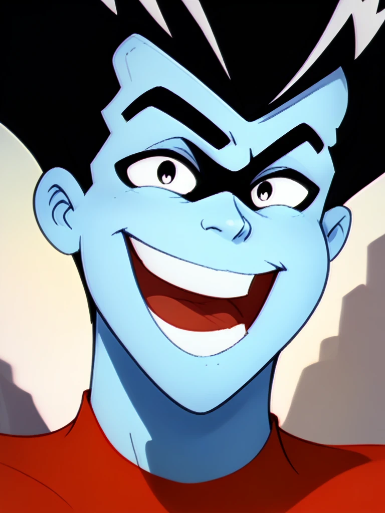 <lora:Freakazoid_-_1995-10:1.75>1boy, Freakazoid, muscular, mask_over_eyes, black hair, updo, lightning bolts in hair, blue skin, colored_skin, red_body_suit, close up, goofy, smile, grin, mouth open, teeth, open mouth, shoulders,, source_cartoon, score_9, score_8_up, score_7_up,