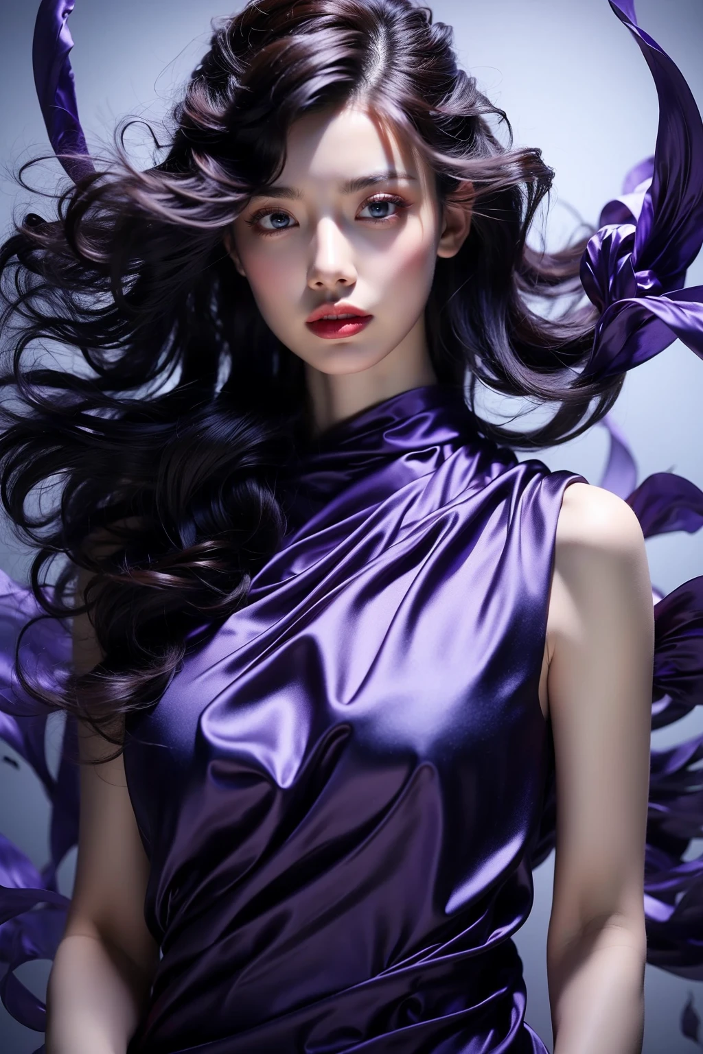 photorealistic,realistic,photography,masterpiece,best quality,ultra-detailed,extremely detailed CG unity 8k wallpaper,(reality: 1.4),1girl,solo,long hair,messy hair,looking at viewer,blue eyes,black hair,wind,floating hair,upper body,standing,parted lips,lips,flowing purple satin with intricate details,science fiction,realistic,nose,science fiction,Purple torn dress,Purple air, <lora:jay-purple air:1>