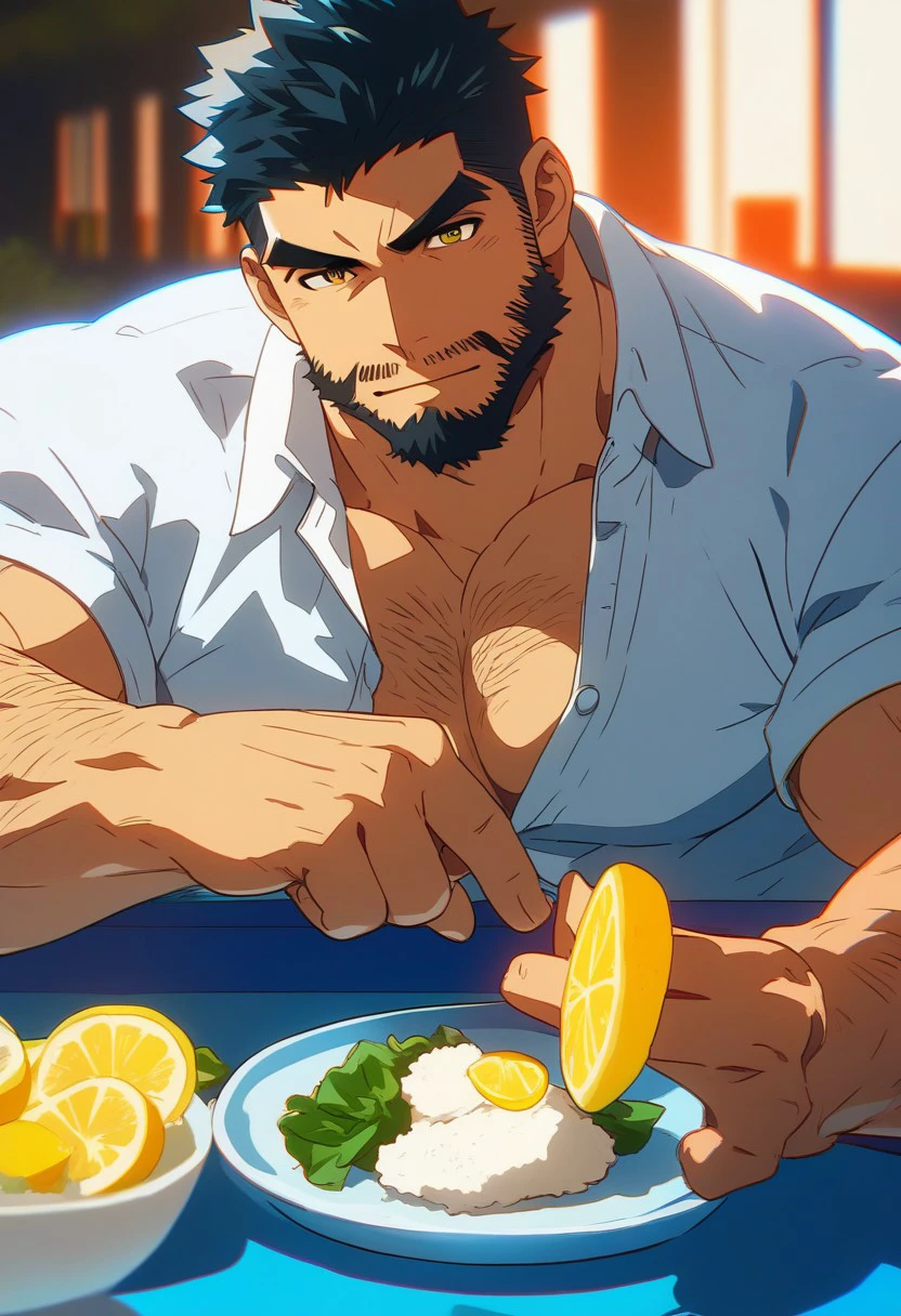 score_9,score_8_up,score_7_up,source anime, male focus, 1boy, food, facial hair, pectorals, bara, pectoral cleavage, muscular male, muscular, short hair, mature male, beard, shirt, solo, thick eyebrows, looking at viewer, lemon, partially unbuttoned, cup, rice, large pectorals, chest hair, black hair, collared shirt, upper body, restaurant, lemon slice, arm hair
BREAK, sharp shadows,direct lighting,vibrant colors,in pool,glow effect,bloom,edge color fringing,chromatic aberration,
<lora:NijijourneyV6Style-000016:1>