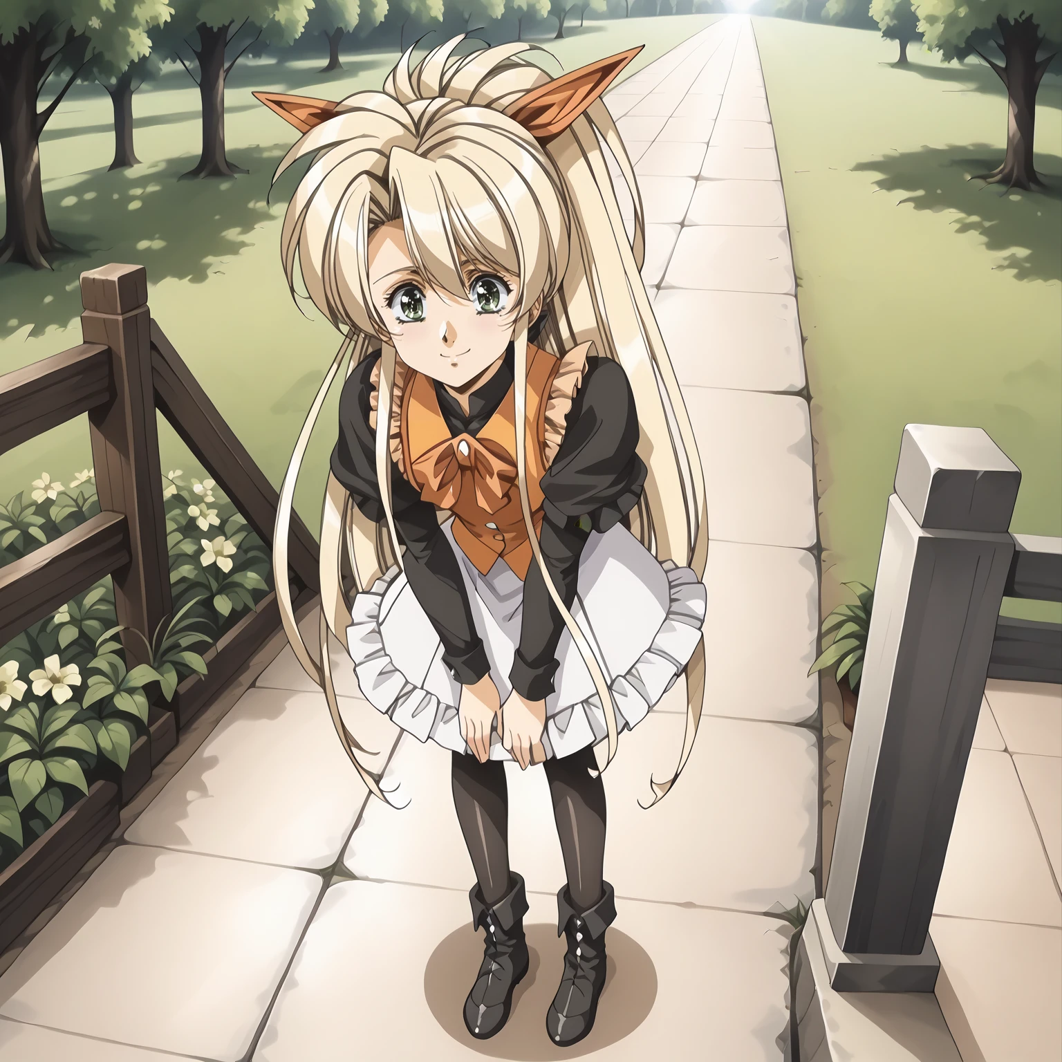 <lora:FI_FayeXLpony005>,
looking at viewer,smile,
solo,
Faye,1girl,blonde hair,very long hair,high ponytail,very long sidelocks,hair bow,green eyes,
dress,black shirt,orange vest,long_sleeves,
white skirt,frills,
black pantyhose,
short boots,
outdoors,
full body,standing,leaning_forward,