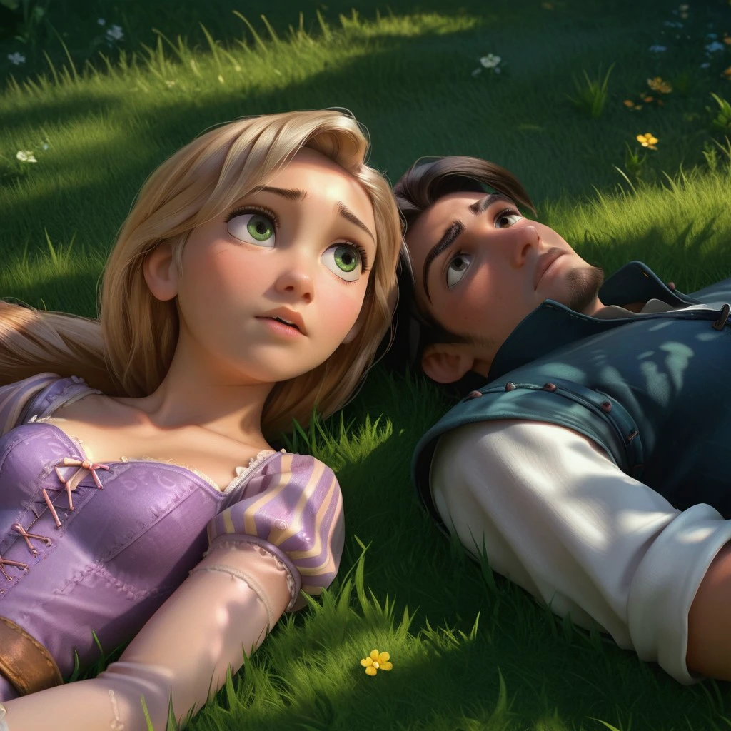 score_9, score_8_up, score_7_up, score_6_up, score_5_up, score_4_up, 1boy, 1girl, RapunzelFlynn, laying in the grass, portrait