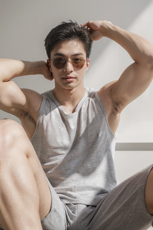 aleckevin, face, muscular, sunglasses, sitting, leaning, mesh shirt tank top, armpits, biceps, (highres, ultra detailed) ((masterpiece)), ((best quality:1.1)), High Resolution, 8k,1boy, best quality, masterpiece, (photorealistic:1.4), 4k, high quality, masterpiece, best quality, dynamic poses, looking at viewer, alec <lora:aleckevin:1>