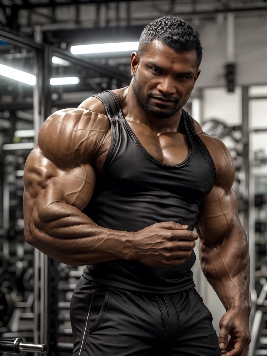 ultra realistic, unreal engine 5, anatomically correct, detailed eyes, detailed face, black eyes, male focus, solo, vichitsin, very dark skin, dark-skinned male, muscular, bara, bodybuilder, tanktop,
<lora:Add More Details:1> 
<lora:Vichit Singtong H:1>