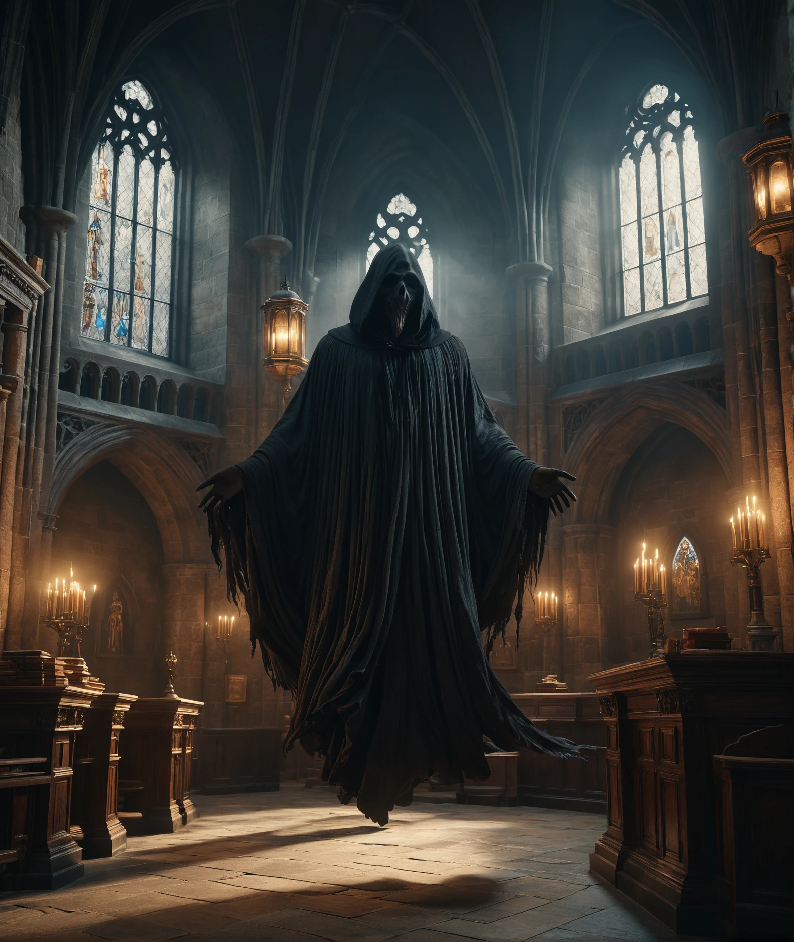 a (dementor:1.3), levitating ominously. BREAK inside a dimly lit bell tower. vibrant, photo realism, Masterpiece, (8k), (32k), UHD, highest-quality, intricate details, highly detailed, best artist, immaculate micro-details, sharp edges, Hogwarts classroom, detailed textures, full body shot, full body cinematic, atmospheric lighting, visually stunning, perfect composition, trending on artstation, cinematic color grading