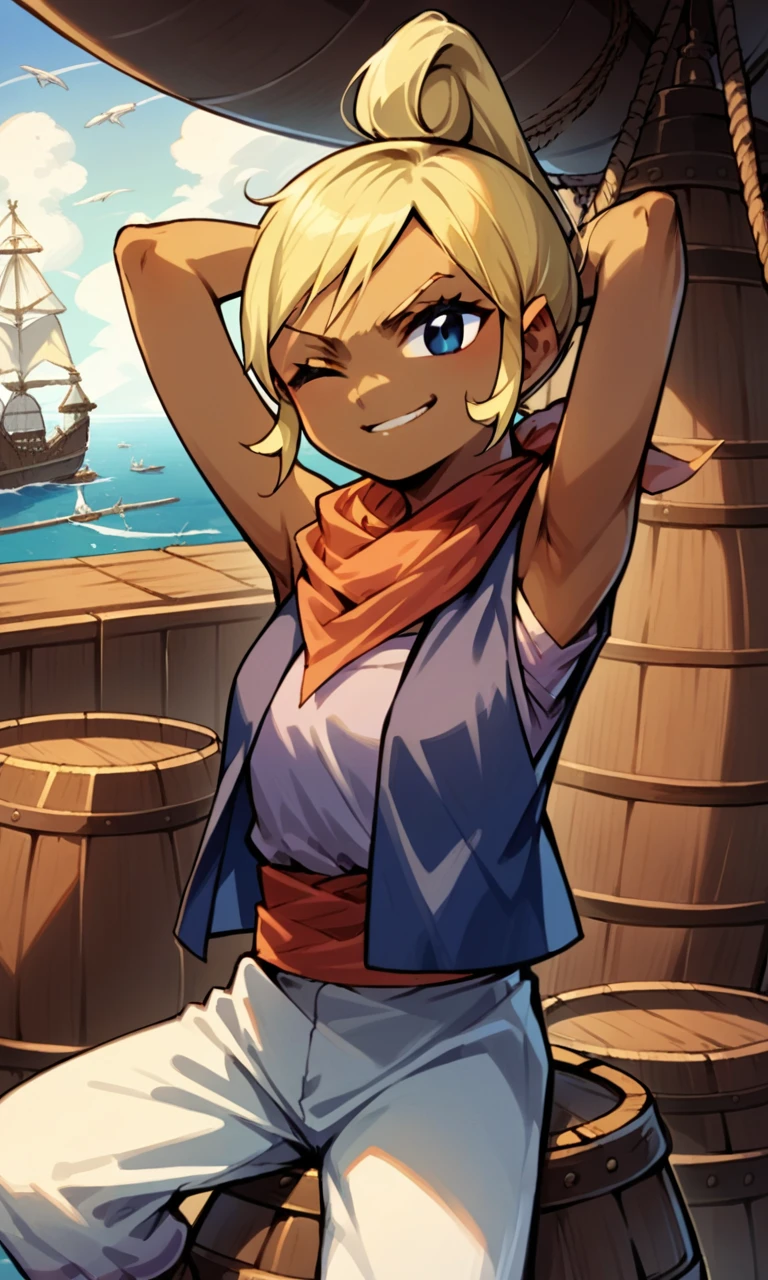 score_9, score_8_up, score_7_up, source_anime BREAK, 1girl, solo, tetra, dark skinned female, blond hair, blue eyes, vest, neckerchief, one eye closed, hands behind head, leaning back, smirk, sitting on barrel, on pirate ship indoors,