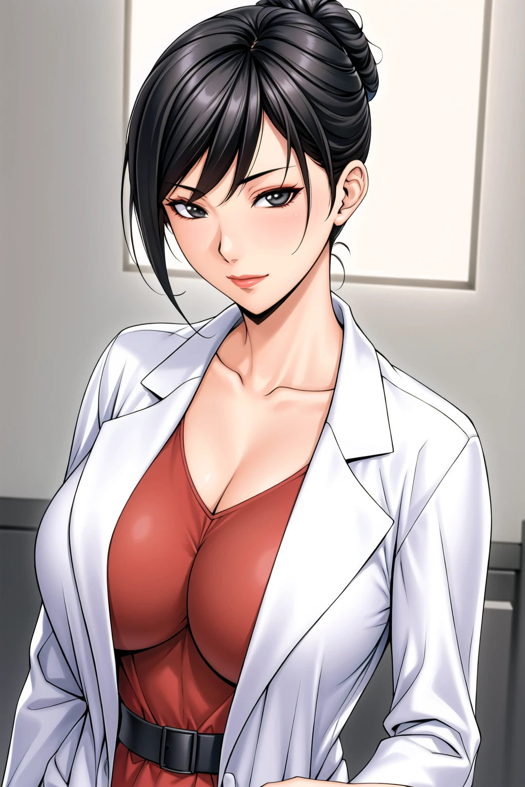 Simple Background,White Background,
dynamic pose,standing at attention,
white coat ,red Shirt ,necklace,long sleeves, collarbone, cleavage, 
<lora:Fubuki_Kyouka_Gtaste-KK77-V1:0.7>,
black eyes, black hair,bangs,hair bun,makeup, red lipstick, 
<lora:more_details:0.1>,<lora:Oda_Non_Style-KK77-V2:0.3>,<lora:Sexy_AIart-KK77-V1:0.3>,
1 girl, 20yo,Young female,Beautiful long legs,Beautiful body,
Beautiful Nose,Beautiful character design, perfect eyes, perfect face,expressive eyes,perfect balance,
looking at viewer,(Focus on her face),closed mouth, (innocent_big_eyes:1.0),(Light_Smile:0.3),
official art,extremely detailed CG unity 8k wallpaper, perfect lighting,Colorful, Bright_Front_face_Lighting,White skin,
(masterpiece:1.0),(best_quality:1.0), ultra high res,4K,ultra-detailed,
photography, 8K, HDR, highres, absurdres:1.2, Kodak portra 400, film grain, blurry background, bokeh:1.2, lens flare, (vibrant_color:1.2),professional photograph,
(Beautiful,large_Breasts:1.4), (beautiful_face:1.5),(narrow_waist),