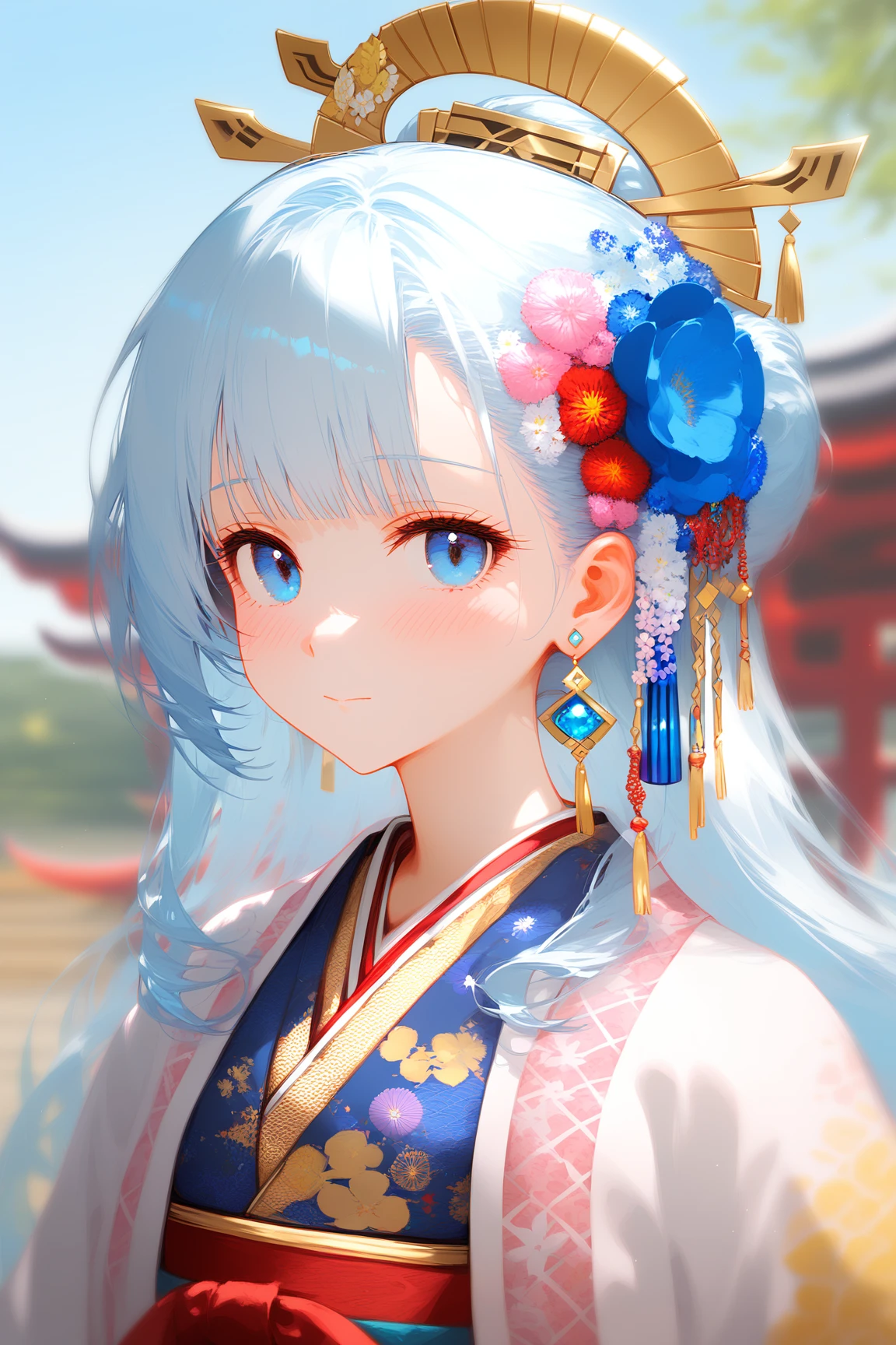1girl,solo,long hair,looking at viewer,blush,bangs,blue eyes,hair ornament,jewelry,closed mouth,blue hair,upper body,flower,white hair,earrings,japanese clothes,sky,hair flower,kimono,blurry,blurry background,portrait,, masterpiece, best quality
