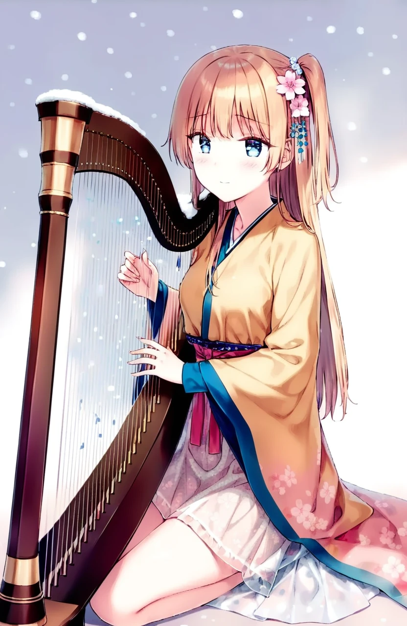 1girl,hiten \(hitenkei\), miyase_mahiro,
solo, yellow clothes, snowing,sakura,long hair, blonde hair,one side up,blue eyes,hair ornament,hanfu,yaopei,see-through skirt, flower, hair flower,gradient background,harp,playing instrument, 
<lora:harpSY:1>, masterpiece, newest, absurdres,safe