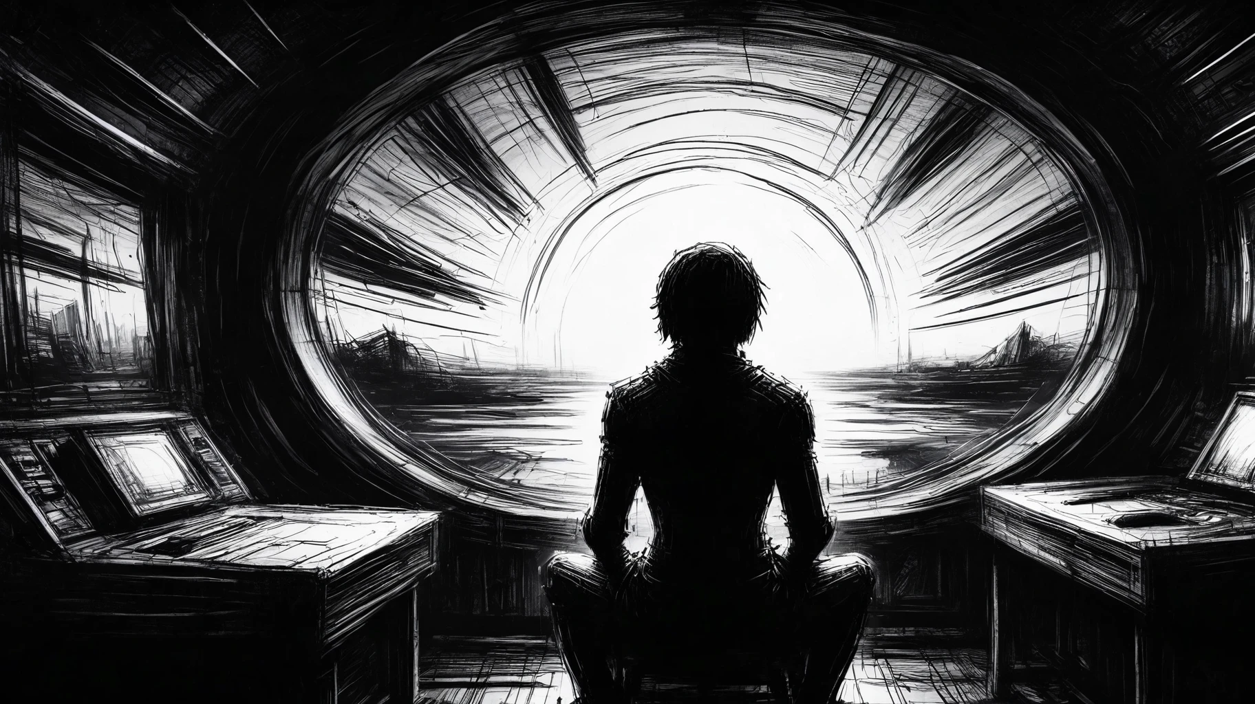 rough sketch, scribbles, man sitting in a spaceship, staring at the stars