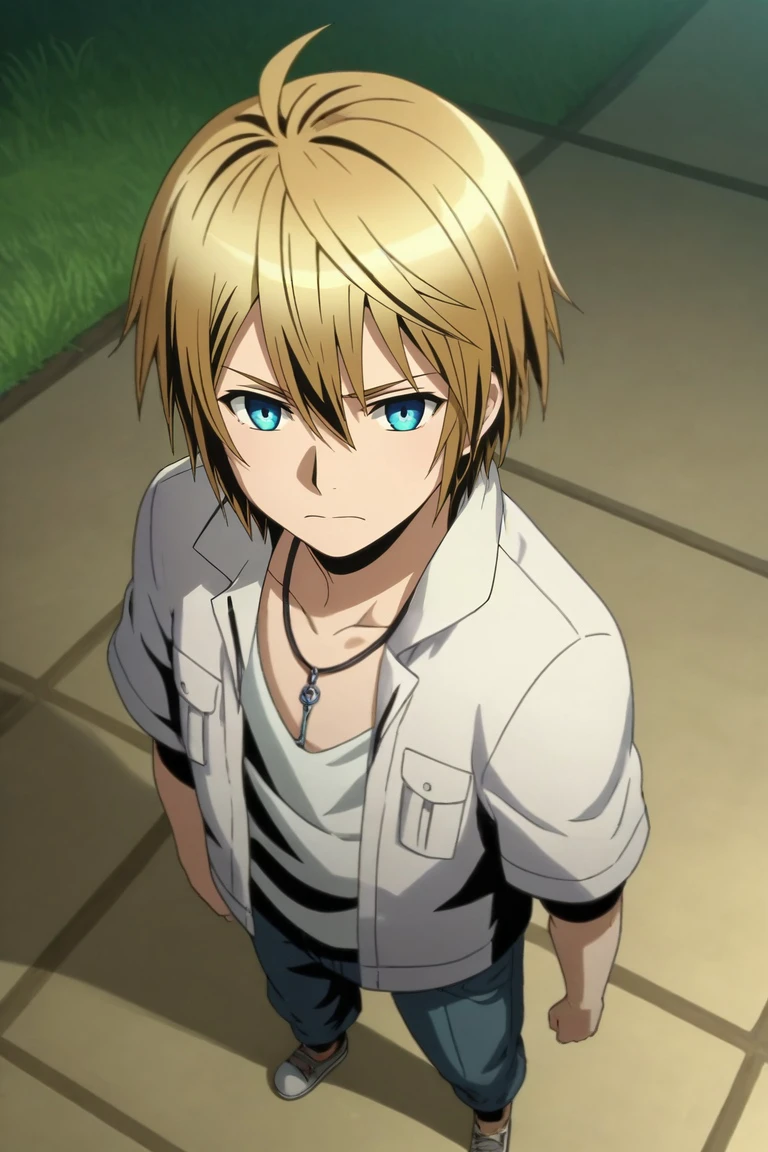 score_9, score_8_up, score_7_up, , rating_safe, intricate details, anime screencap, , official style, , , 1boy, solo, male focus, <lora:aoto_divine_gate_pony:0.96>, aoto_divine_gate, blonde hair, blue eyes, hair between eyes, short hair, necklace, from above, full body, prairie, dark, jumping, wavy mouth, closed mouth, , <lora:sdxl_lightning_8step_lora:1>