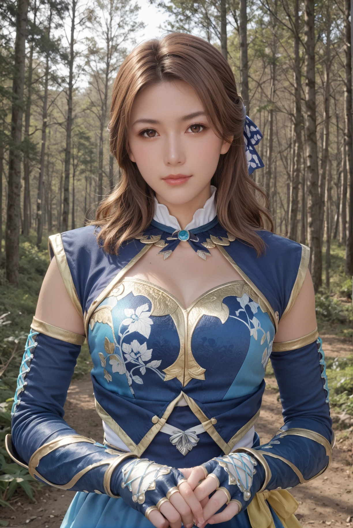 score_9, score_8_up, score_7_up, 1girl, solo, brown hair, long hair, blue dress, brown eyes, forest, outdoors, looking at viewer, half body shot, hair ribbon, gloves, model pose, <lora:Zhang_Chunhua_Dynasty_Warrior:0.7>