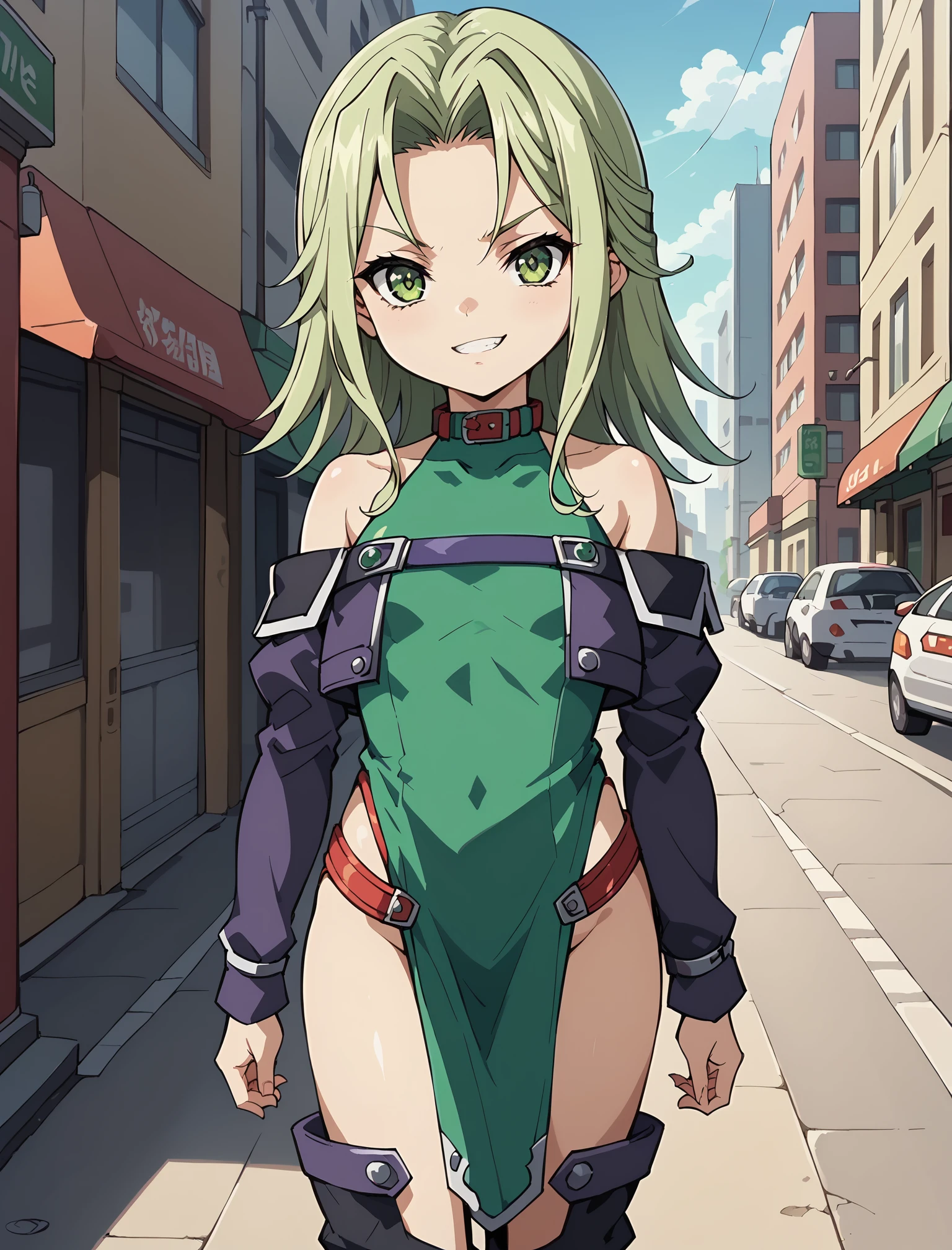 score_9,score_8_up,score_7_up,8k,1girl,anime screencap,cowboy shot,flat chest,
<lora:w17_ponyxl_fp16-000010:0.8>,w17 \(srwog\),green hair,green eyes,parted bangs,w17 \(costume\),dark purple cropped jacket,bare shoulders,pelvic curtain,impossible clothes,green dress,thigh boots,looking at viewer,street,cityscape,expressionless,<lora:StS_age_slider_v1_initial_release:-5>,grin,