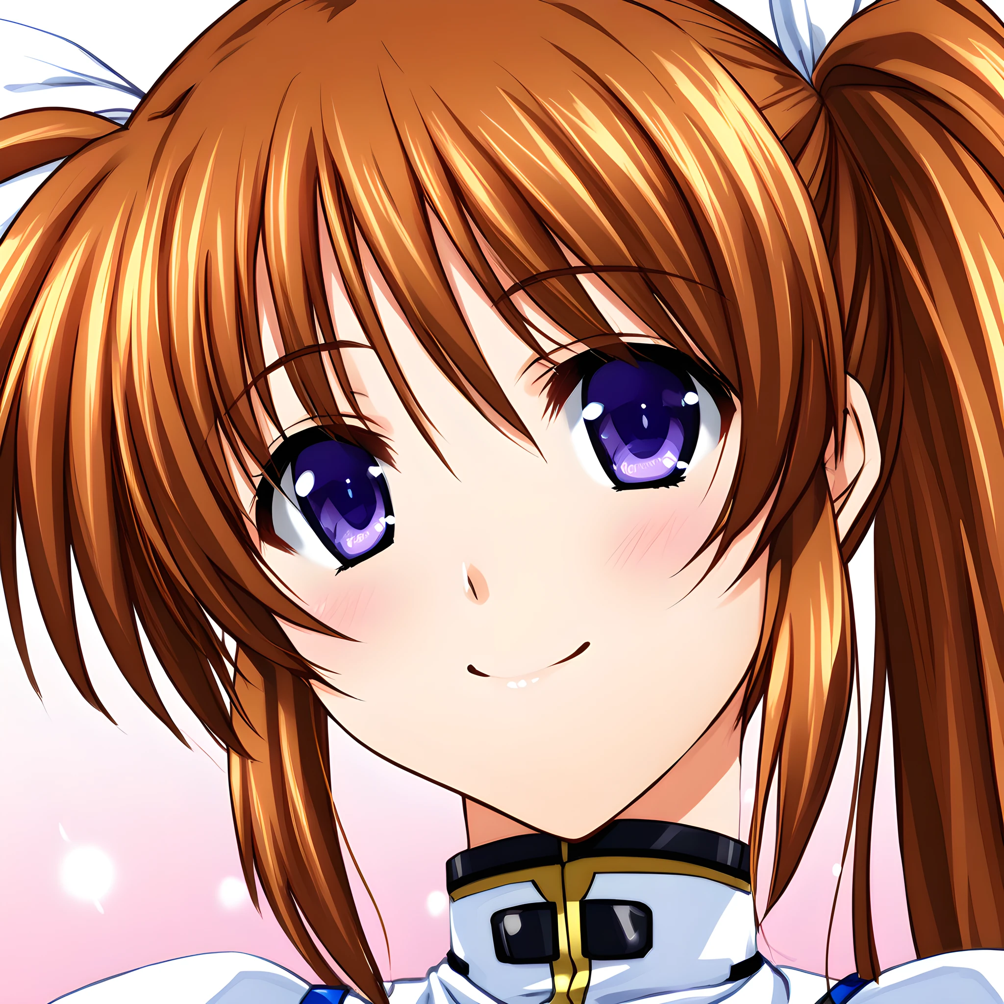 takamachi_nanoha, 1girl, solo, twintails, brown hair, smile, close-up, portrait, magical girl, purple eyes, <lora:Takamachi_Nanoha:1>