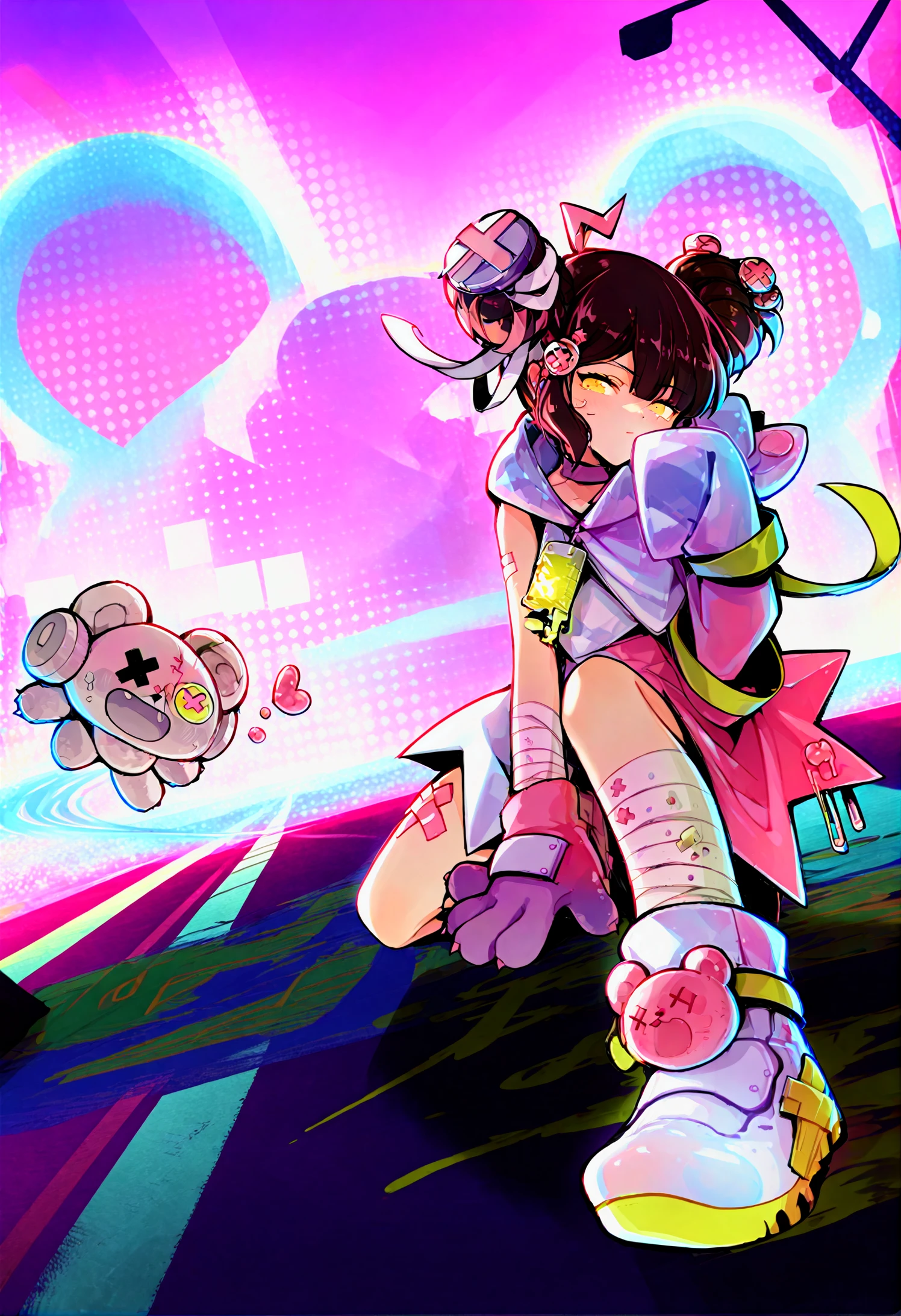 masterpiece, best quality,1girl, yellow eyes, hood, hair ornament, double bun, sleeves past fingers, white footwear, hair bun, bandages, gloves, hoodie, bandaid on leg, one eye closed, hood down, looking at viewer, squatting, bandaged leg, bandaid, twintails, black hair, bandaged arm, sleeves past wrists, stuffed animal, stuffed toy, closed mouth
<lora:nmdXLlokr3f-000187:0.95>