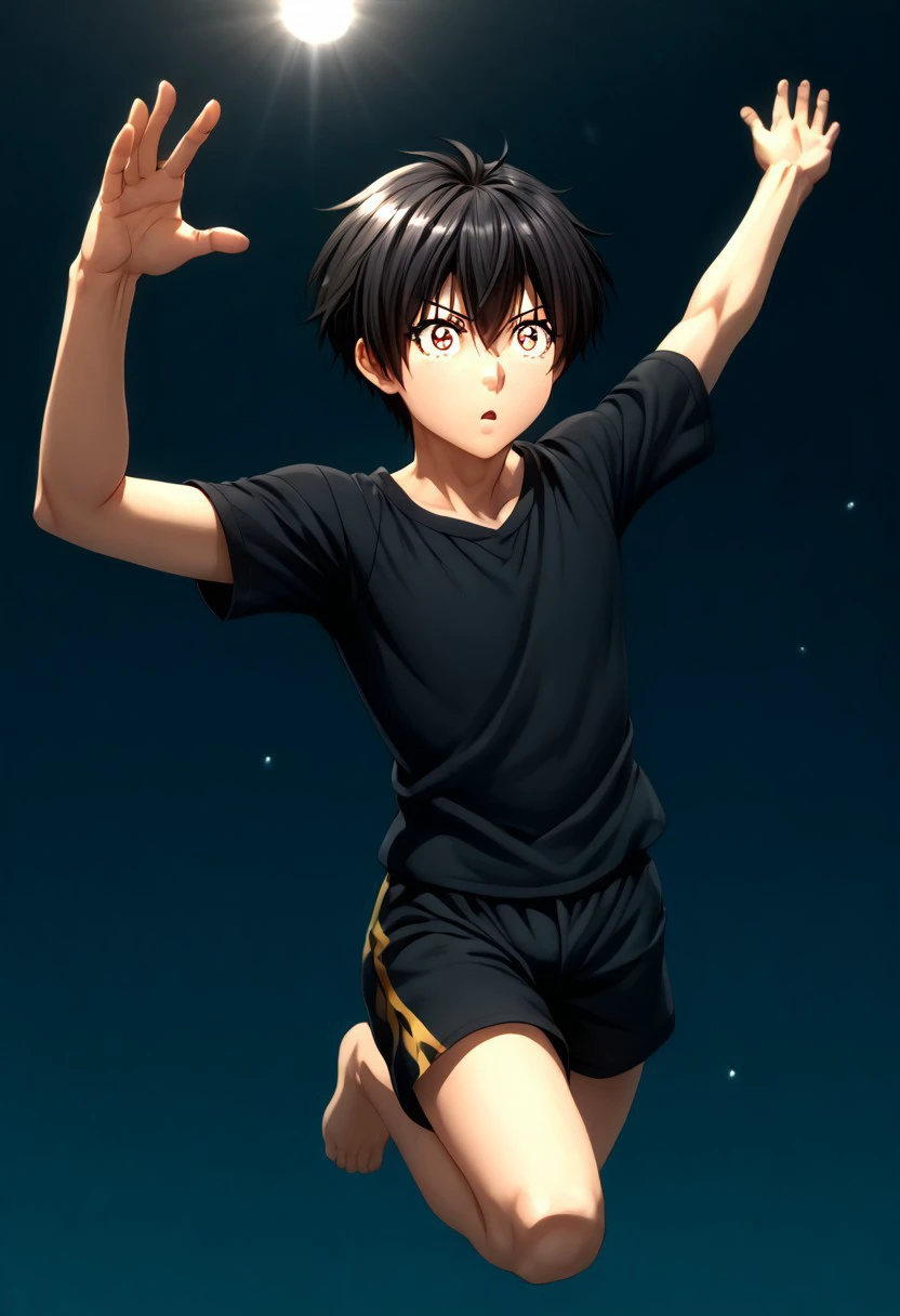 high resolution, solo, best quality, 1Boy, Seiya Kanie, Black Hair, Short Hair, Thin, Brown Eyes, Excitement, jumping, sparkling eyes, enthusiasm,