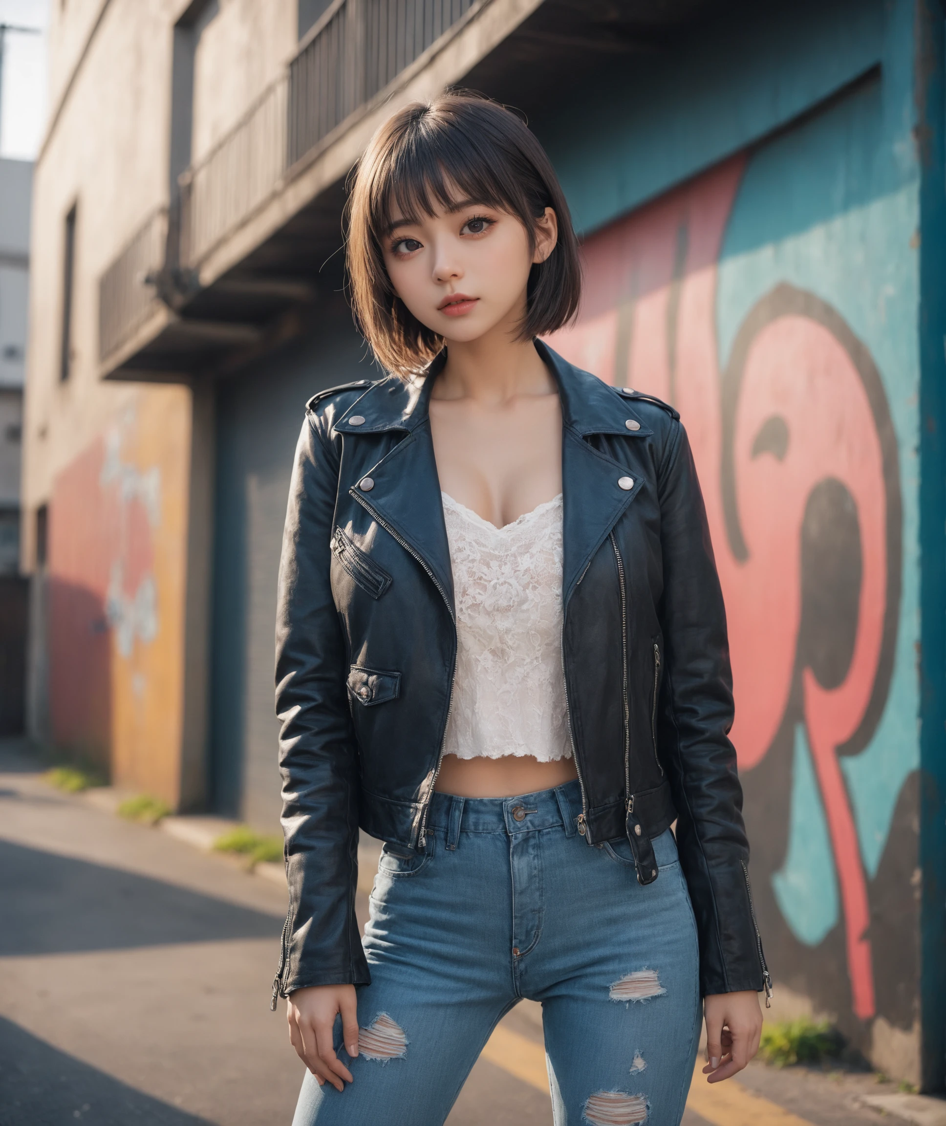 kawaii,cute,1woman, . large breast , intricate background, -, hair over eyes, covered eyes, blunt bangs, sideburns , smug, nose blush , , from below, Establishing Shot,
A fashionable woman in ripped skinny jeans, a black leather jacket, and ankle boots, posing against an urban backdrop.
(day),