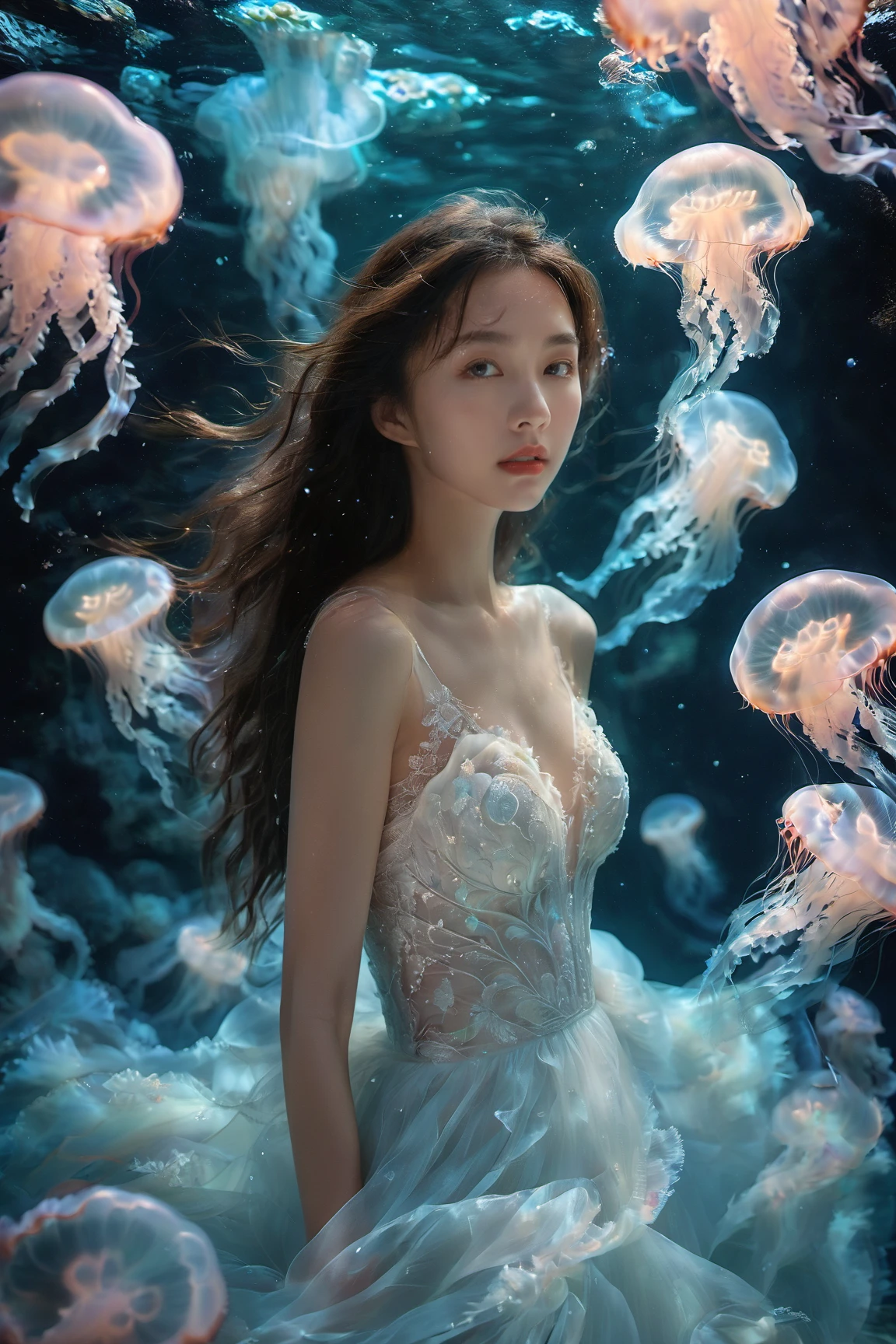 A young woman with long flowing hair, surrounded by an ethereal underwater environment filled with luminescent jellyfish. She wears a delicate white dress adorned with intricate lace patterns. The water is a mesmerizing shade of blue, and the jellyfish appear to be floating gracefully around her, creating a dreamy ambiance.,xxmixgirl<lora:EMS-310343-EMS:0.800000>, <lora:EMS-412760-EMS:0.800000>