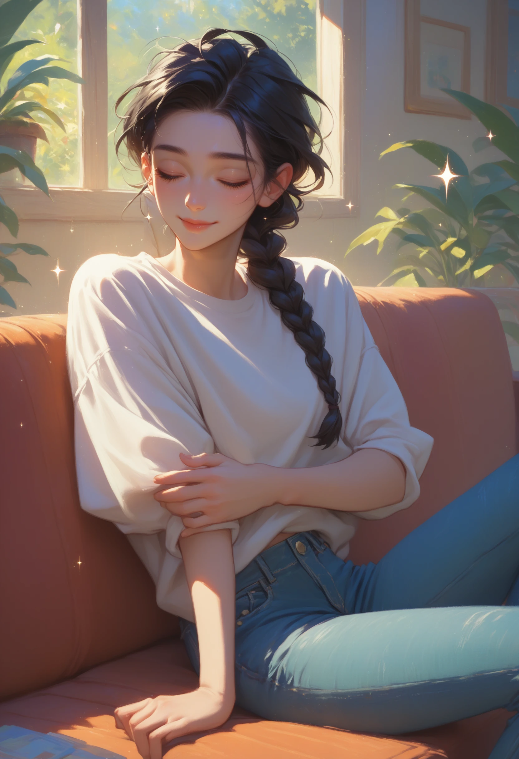 score_9, score_8_up, score_7_up, Rennala, black hair, <lora:Rennala_pdxl_Incrs_v1:1>, seductive smile, single braid, sparkle, white shirt, closed eyes, couch, indoors, jeans,