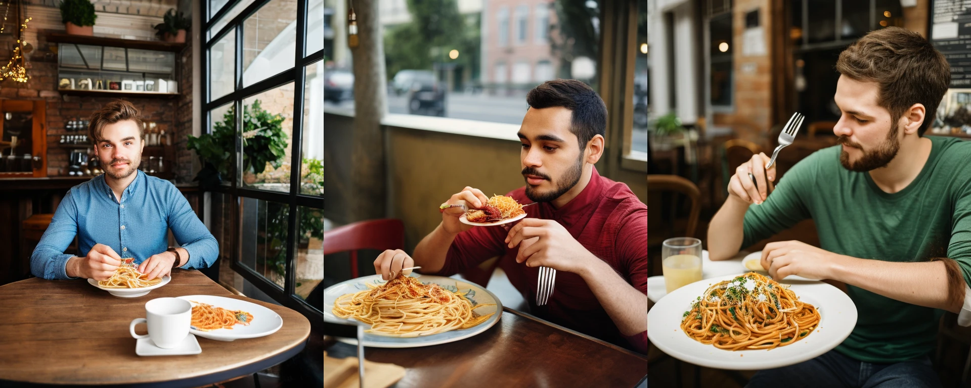 a photograph in a cafe of a man sat at a table eating a plate of spaghetti with a knife and fork, portrait, bicycle next to him