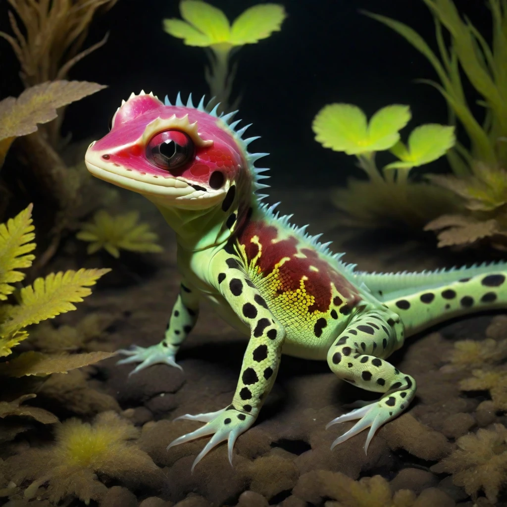 <lora:artfullyREPFIBIAN:1>, reptile, amphibian, alien planet, unique species, oxolotl,  bioluminous,