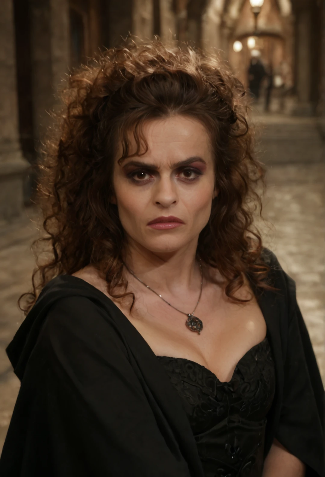 score_9, score_8_up, score_7_up, bellatrix,  1girl, solo, long hair,  looking at viewer, brown hair,  brown eyes, jewelry, necklace, lips, messy hair, curly hair, realistic, hogwarts, outdoor, dark, emo, gothic, crazy, frown, makeup, black cape