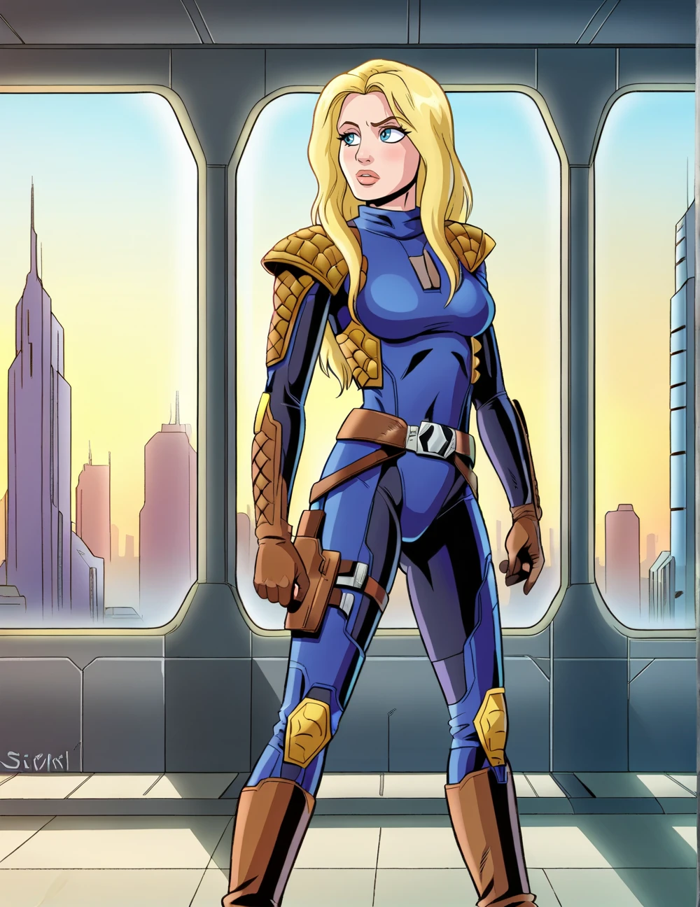 1girl,(solo:1.2),gurisw, <lora:GuriPony-000021:0.8>,standing,bodysuit,armor,shoulder armor,shoulder pads,knee pads,boots,long hair,arms at sides,in skyscraper,indoors,futuristic cityscape,style of star wars