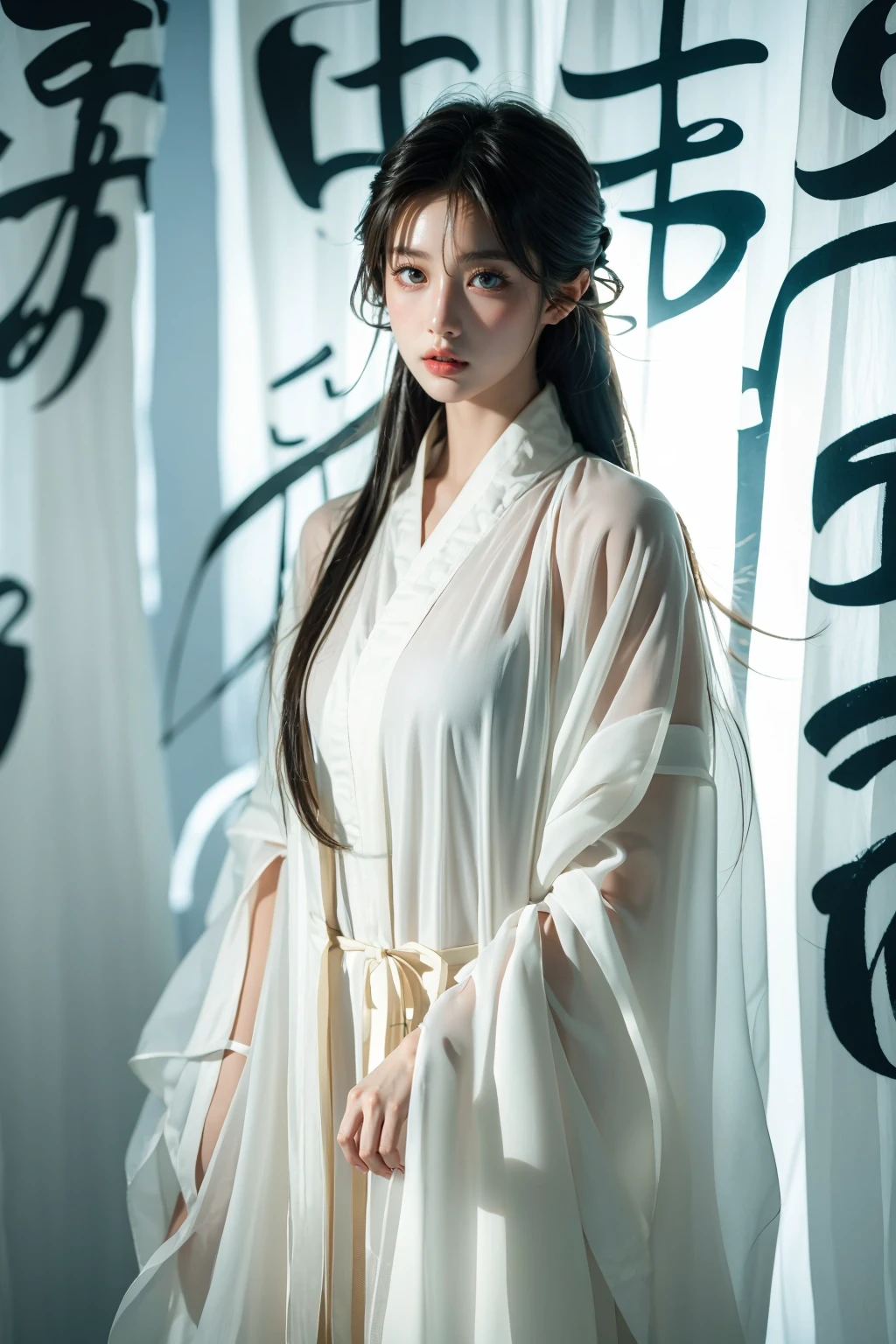 photorealistic,realistic,photography,masterpiece,best quality,ultra-detailed,extremely detailed CG unity 8k wallpaper,(reality: 1.4),1girl,solo,long hair,closed mouth,looking at viewer,standing,parted lips,lips,wide sleeves,see-through, white chinese text,Chinese calligraphy in background, <lora:JAY-Calligraphy Chinese:1>