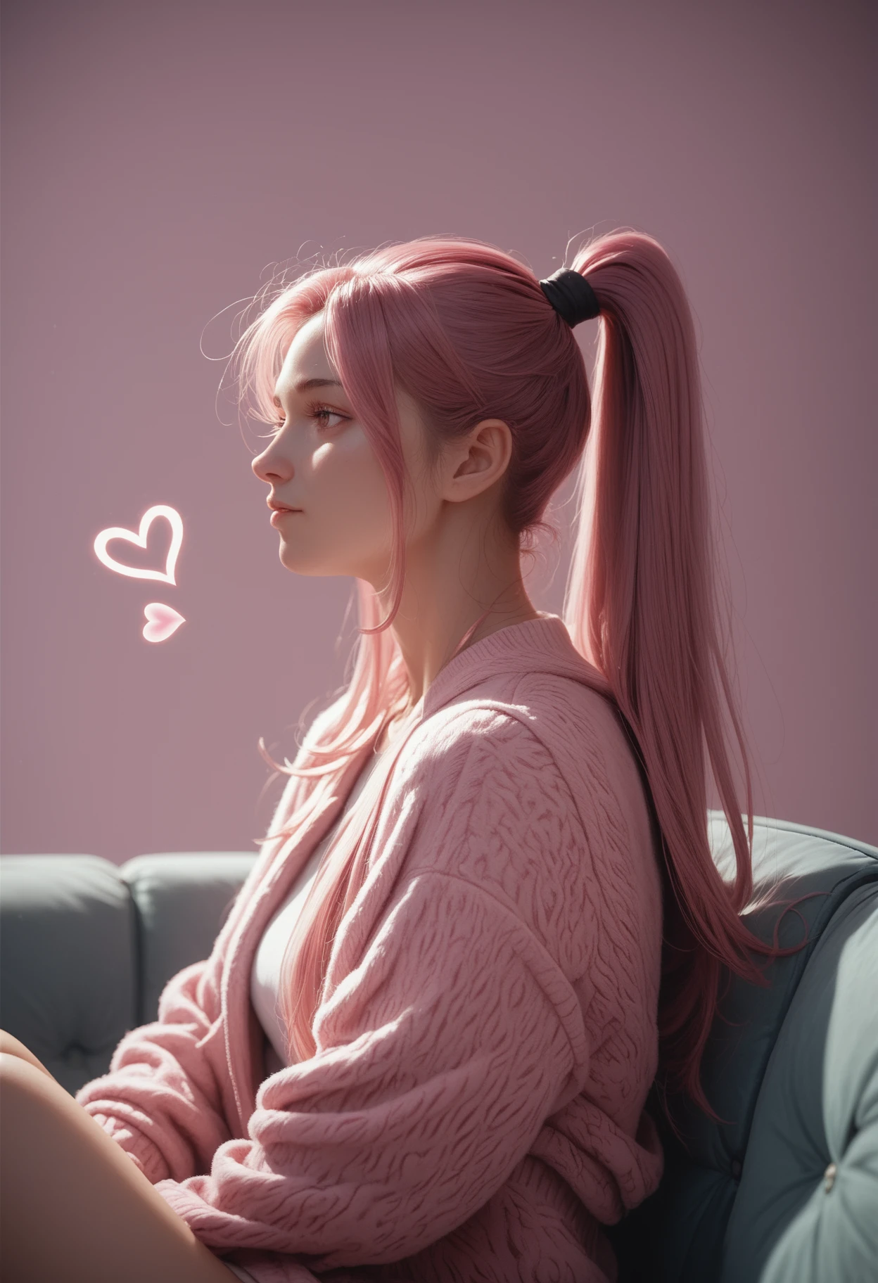 score_9,score_8_up,score_7_up, couch surrounded by pink mist, floating hearts  <lora:heartmiststyle-000001:1>, sitting, upper body, high ponytail, long hair, 1girl, seij <lora:Seij-000001:1>