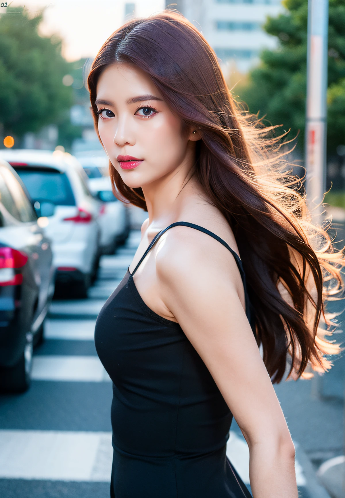 <lora:Daisy_V1:1> Daisy_V1, (realistic), (hyperrealism), (photorealistic:1.4), 1girl, looking at the viewer, eye makeup, detailed eyes, detailed face, (upper body:1.2), detailed background, black dress, walking at the streets, sunset, (windy:1.2)