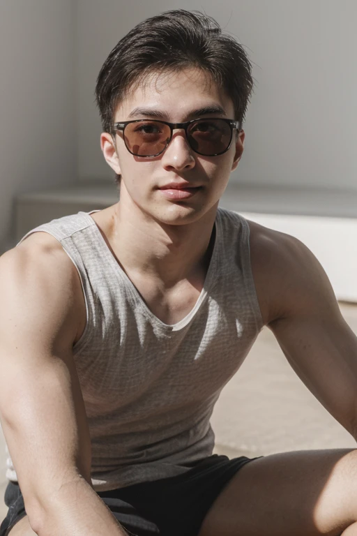 aleckevin, face, muscular, sunglasses, sitting, leaning, mesh shirt tank top, armpits, biceps, (highres, ultra detailed) ((masterpiece)), ((best quality:1.1)), High Resolution, 8k,1boy, best quality, masterpiece, (photorealistic:1.4), 4k, high quality, masterpiece, best quality, dynamic poses, looking at viewer, alec <lora:aleckevin:1>