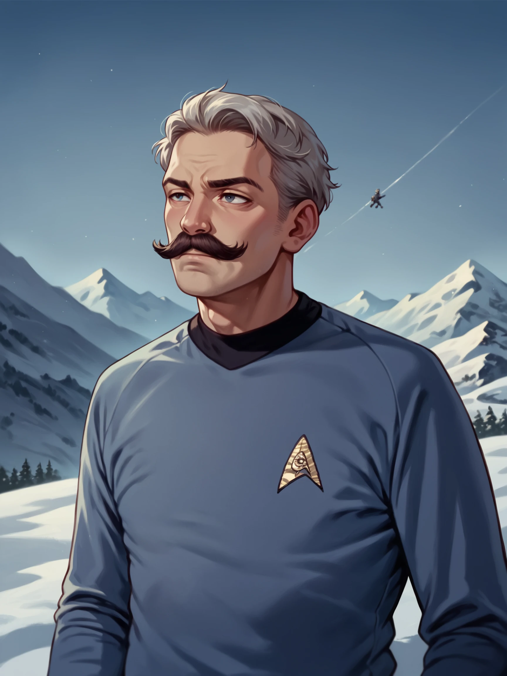 score_9, score_8_up, score_7_up, score_6_up, score_5_up, score_4_up,1boy in stunf,star trek uniform blue,60 year old,big moustache,gray hair,on a mountain trail,in the winter,long sleeves<lora:ponytosnewV2>