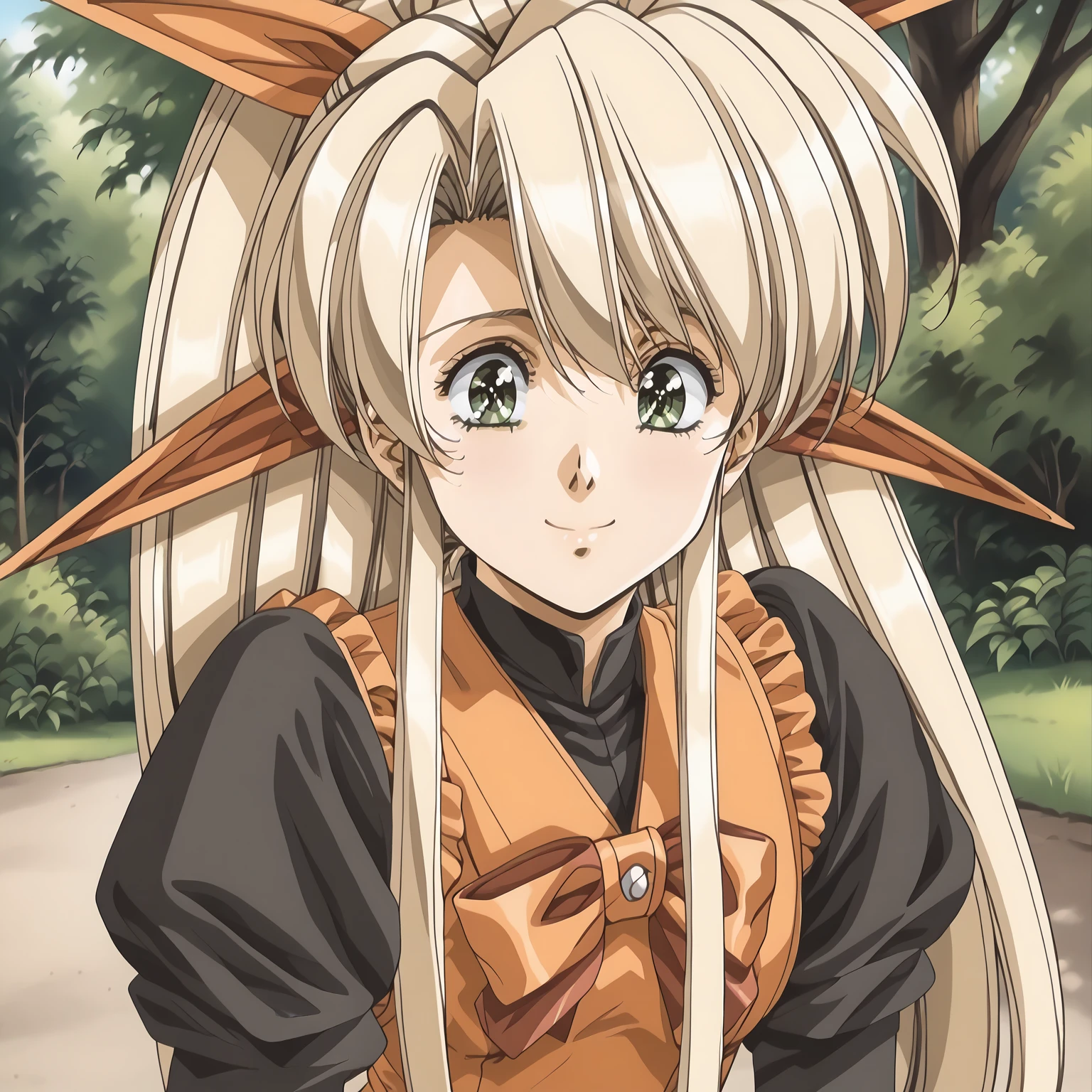 <lora:FI_FayeXLpony005>,
looking at viewer,smile,close-up,
solo,
Faye,1girl,blonde hair,very long hair,high ponytail,very long sidelocks,hair bow,green eyes,
dress,black shirt,orange vest,long_sleeves,
short boots,
outdoors,nature,