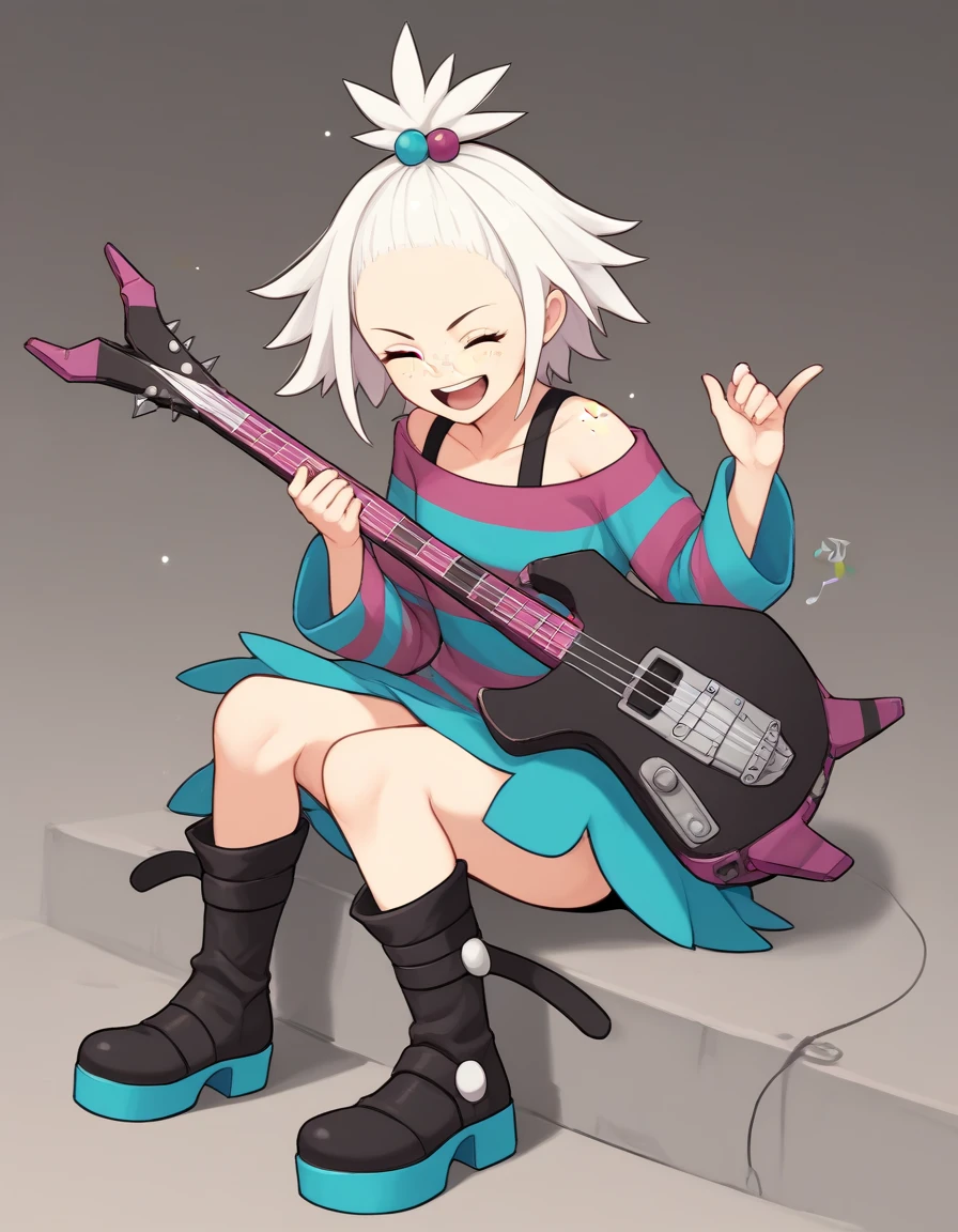 score_9, score_8_up, score_7_up, score_6_up, score_5_up, score_4_up, 1girl, roxiePokemon, solo, sitting, indian style, full body, smile, singing, open mouth, closed eyes, white hair, forehead, freckles, hair ornament, hair bobbles, topknot, striped, dress, striped dress, two-tone dress, short dress, strapless dress, boots, platform boots, platform footwear, black footwear