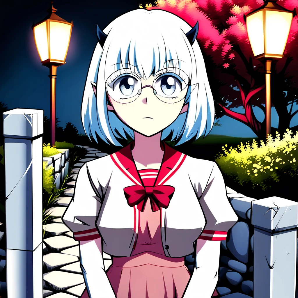 Crocell Kerori, closed mouth, light blush, wavy mouth, light blue hair, short hair, blue eyes, horns, round eyewear, KeroriCasual, grey dress, blue jacket, open jacket, short sleeves, standing, looking at the viewer, stone, lamp, nature, red tree, outdoors, night