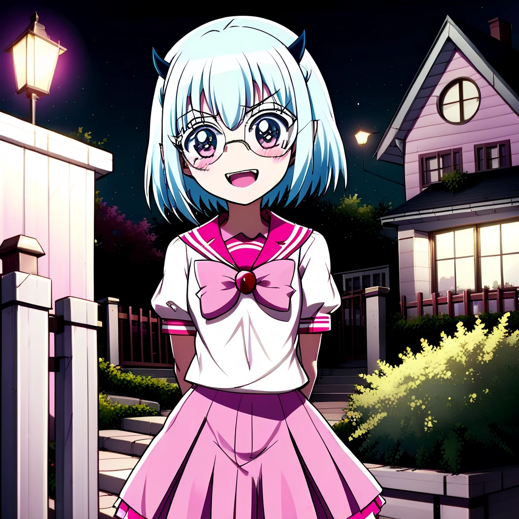 best quality, masterpiece, detailed, Crocell Kerori, smile, closed mouth, light blush, happy, light blue hair, short hair, blue eyes, horns, round eyewear, colored eyelashes, KeroriSchoolUniform, school uniform, serafuku, pink skirt, bow, standing, looking at the viewer, halloween, outdoors, night