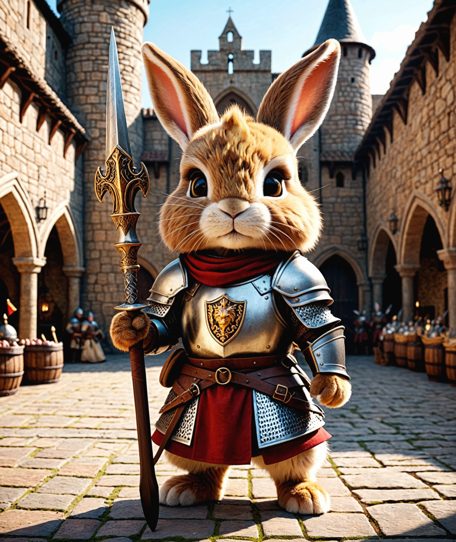 cinematic photo cinematic photo A cute (chibi:0.1) brown fur little medieval warrior bunny stands confidently in a large open courtyard of a castle,holding a spear. The bunny is dressed in full armor,including a chainmail tunic,leather armor pieces,a helmet with small ear holes,and a red tabard with a golden lion crest. Its expressive face,with determined eyes and perky ears,shows readiness for battle. The courtyard is bustling with medieval activity,including soldiers training,market stalls,and stone walls surrounding the area. The scene exudes a sense of adventure and valor,with a historic and heroic atmosphere,cinematic,colorful background,concept art,8k,dramatic lighting,high detail,highly detailed,hyper realistic,intricate,intricate sharp details,octane render,smooth,studio lighting,trending on artstation.,cinematic photorealistic,8k uhd natural lighting,raw,rich,intricate details,key visual,atmospheric lighting,35mm photograph,film,bokeh,professional,4k,highly detailed . 35mm photograph,film,bokeh,professional,4k,highly detailed,cinematic,colorful background,concept art,8k,dramatic lighting,high detail,highly detailed,hyper realistic,intricate,intricate sharp details,octane render,smooth,studio lighting,trending on artstation. . 35mm photograph,film,bokeh,professional,4k,highly detailed