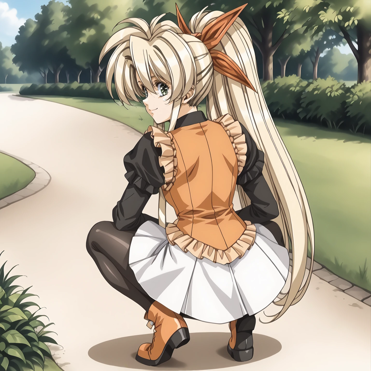 <lora:FI_FayeXLpony005>,
looking at viewer,smile,
solo,
Faye,1girl,blonde hair,very long hair,high ponytail,very long sidelocks,hair bow,green eyes,
dress,black shirt,orange vest,long_sleeves,
white skirt,frills,
black pantyhose,
short boots,
outdoors,
full body,squatting,looking back,