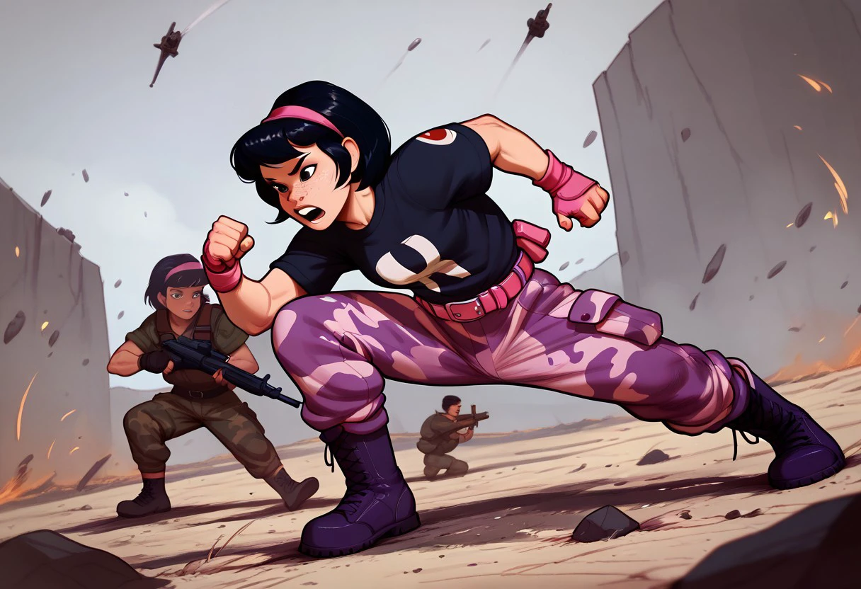 score_9, score_8_up, score_7_up BREAK Yuyito, 1girl, black hair, pink headband, black eyes, freckles, black shortsleeved shirt, pink belt, purple buckle, pink purple camo pants, purple combat boots, fighting against military monsters, battlefield, action scene,