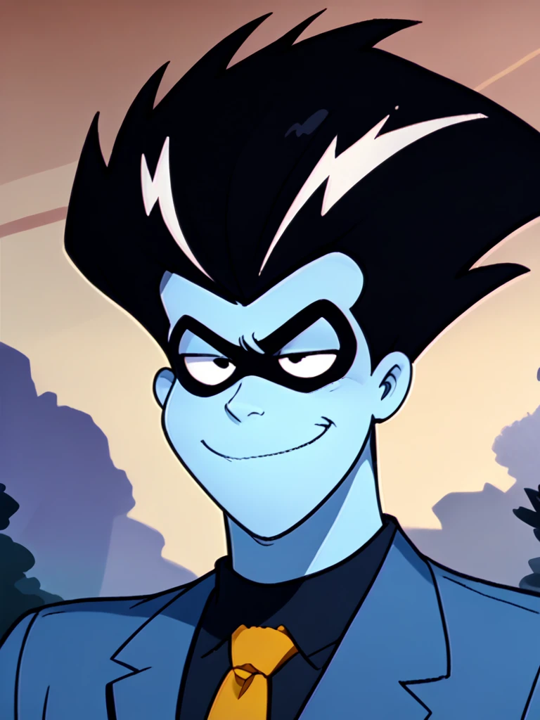 <lora:Freakazoid_-_1995-08:1.5>1boy, solo, freakazoid, muscular, mask_over_eyes, black hair, updo, lightning bolts in hair, blue skin, colored_skin, suit and tie, dark suit, well I never, smug, dramatic, acting civilized, source_cartoon, score_9, score_8_up, score_7_up,