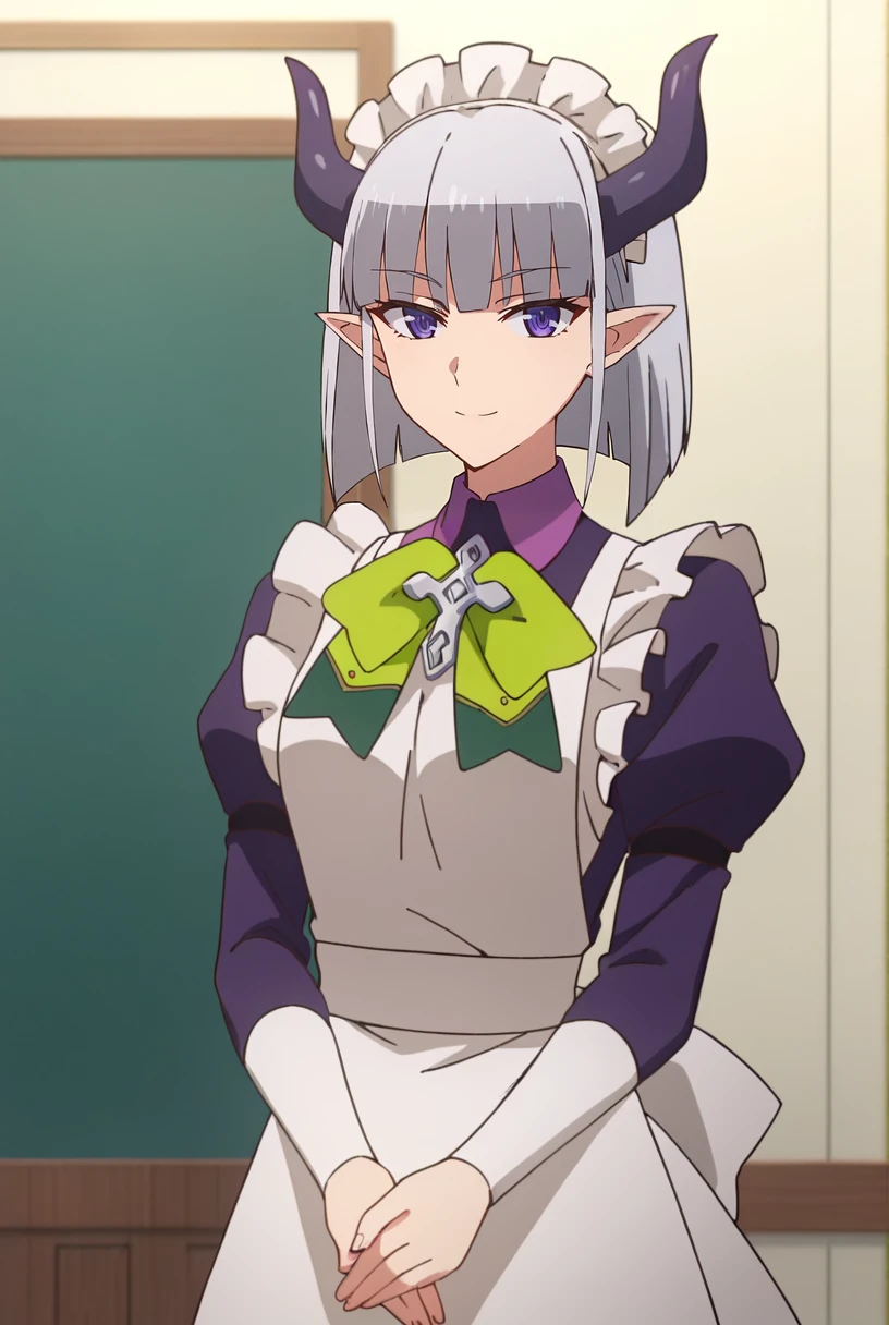 score_9, score_8_up, score_7_up, source_anime,
<lora:ShinmaiMaou_LukiaXL:0.8>, LukaiSM,
1girl, closed mouth, light smile,
grey hair, purple eyes, horns, pointy ears,
LukiaMaid, maid headdress, purple dress, green bow, apron, juliet sleeves,
looking at the viewer, cowboy shot, own hands together,
indoors