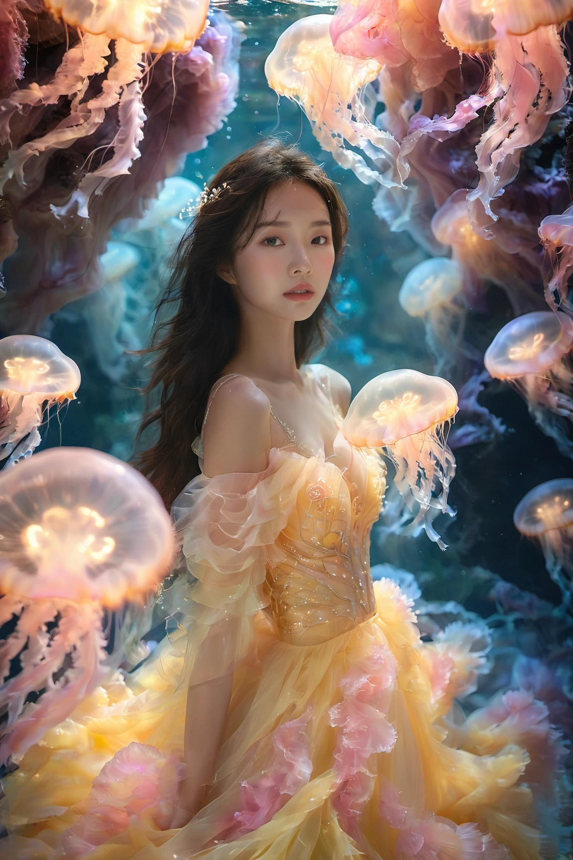 An Asian young woman with long flowing hair, adorned in a delicate golden yellow gown, surrounded by a mesmerizing desert oasis environment. She stands amidst a dance of luminescent jellyfish, which glow in hues of pink and blue. The backdrop is a serene pond, punctuated by the soft glow of bioluminescent flora and the gentle ripples of water. The woman's gaze is distant, as if lost in thought, while the jellyfish float gracefully around her, creating an ethereal and dreamlike atmosphere.<lora:EMS-310343-EMS:0.800000>, <lora:EMS-412760-EMS:0.800000>