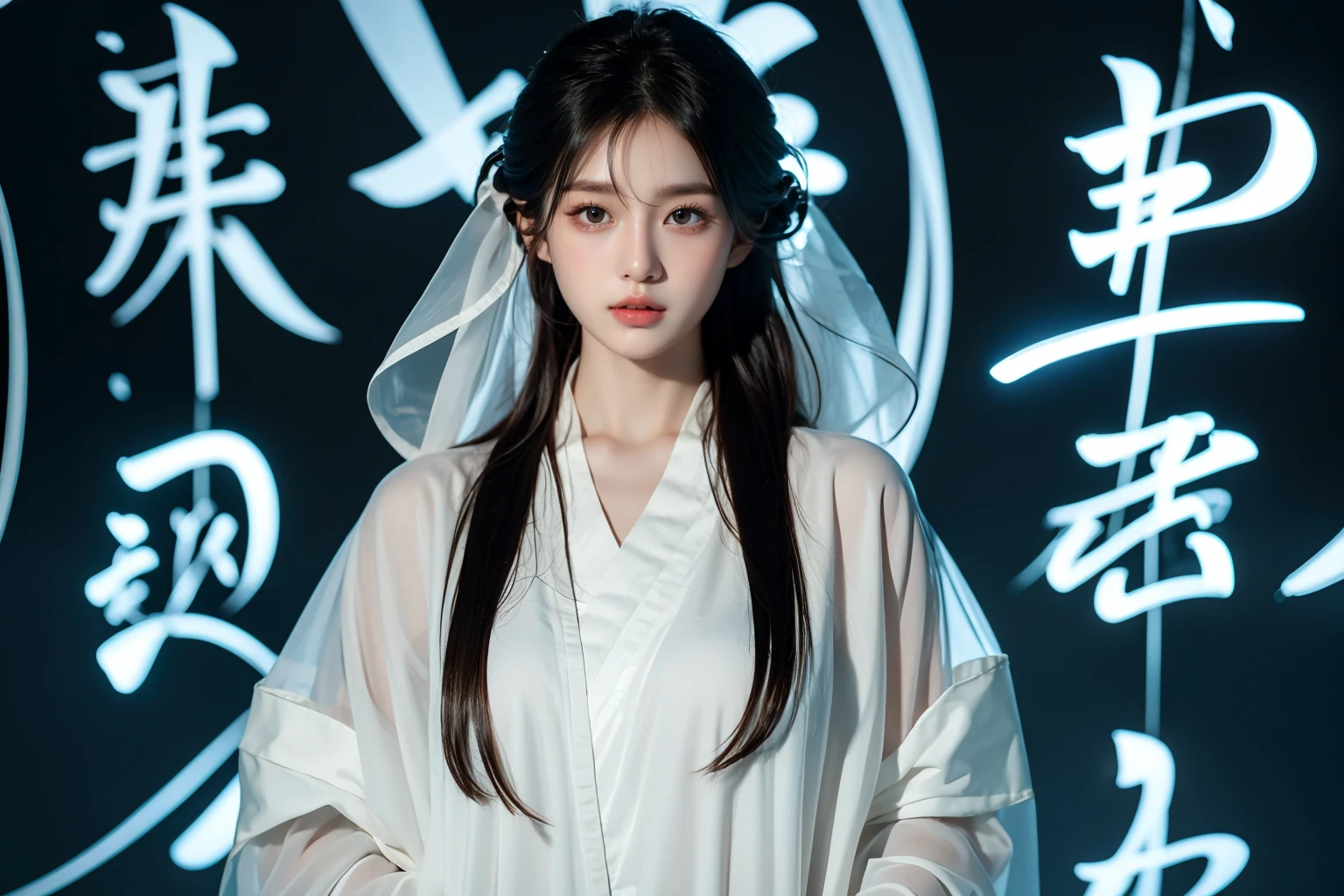 photorealistic,realistic,photography,masterpiece,best quality,ultra-detailed,extremely detailed CG unity 8k wallpaper,(reality: 1.4),1girl,solo,long hair,closed mouth,looking at viewer,full body,standing,parted lips,lips,wide sleeves,see-through, chinese text,Chinese calligraphy in background,  <lora:JAY-Calligraphy Chinese:0.8>