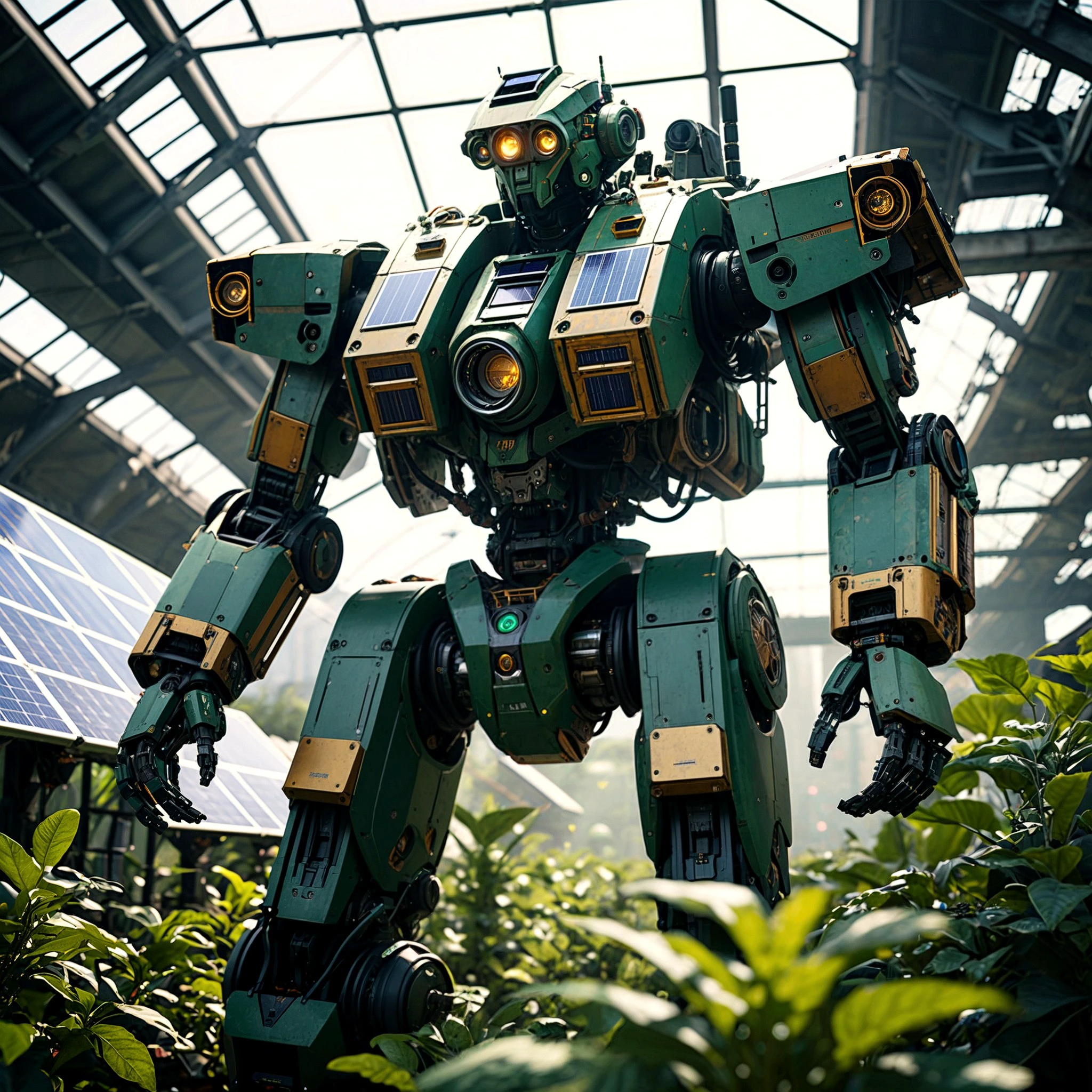 cinematic photo cinematic photo cinematic photo cinematic photo cinematic photography,solo,(MRS),super fine concept art,extremely detailed,a overgrowth (solarpunk:1.3) heavy mech,hard surface,plants,solar panels,hands,hawken,sci-fi,battlefield,<lora:srdxl_v2k:0.8> <lora:ovrgrwth:1> from_below,solarpunk city,shot on Canon EOS 5D,ND filter,natural lighting,in style of Christopher Nolan <lora:add-detail-xl:2><lora:lcm_sdxl:1.0> . 35mm photograph,film,professional,4k,highly detailed,( solar panels on top of robot). . 35mm photograph,film,bokeh,professional,4k,highly detailed,cinematic photorealistic,8k uhd natural lighting,raw,rich,intricate details,key visual,atmospheric lighting,35mm photograph,film,bokeh,professional,4k,highly detailed . 35mm photograph,film,bokeh,professional,4k,highly detailed,cinematic,colorful background,concept art,8k,dramatic lighting,high detail,highly detailed,hyper realistic,intricate,intricate sharp details,octane render,smooth,studio lighting,trending on artstation. . 35mm photograph,film,bokeh,professional,4k,highly detailed