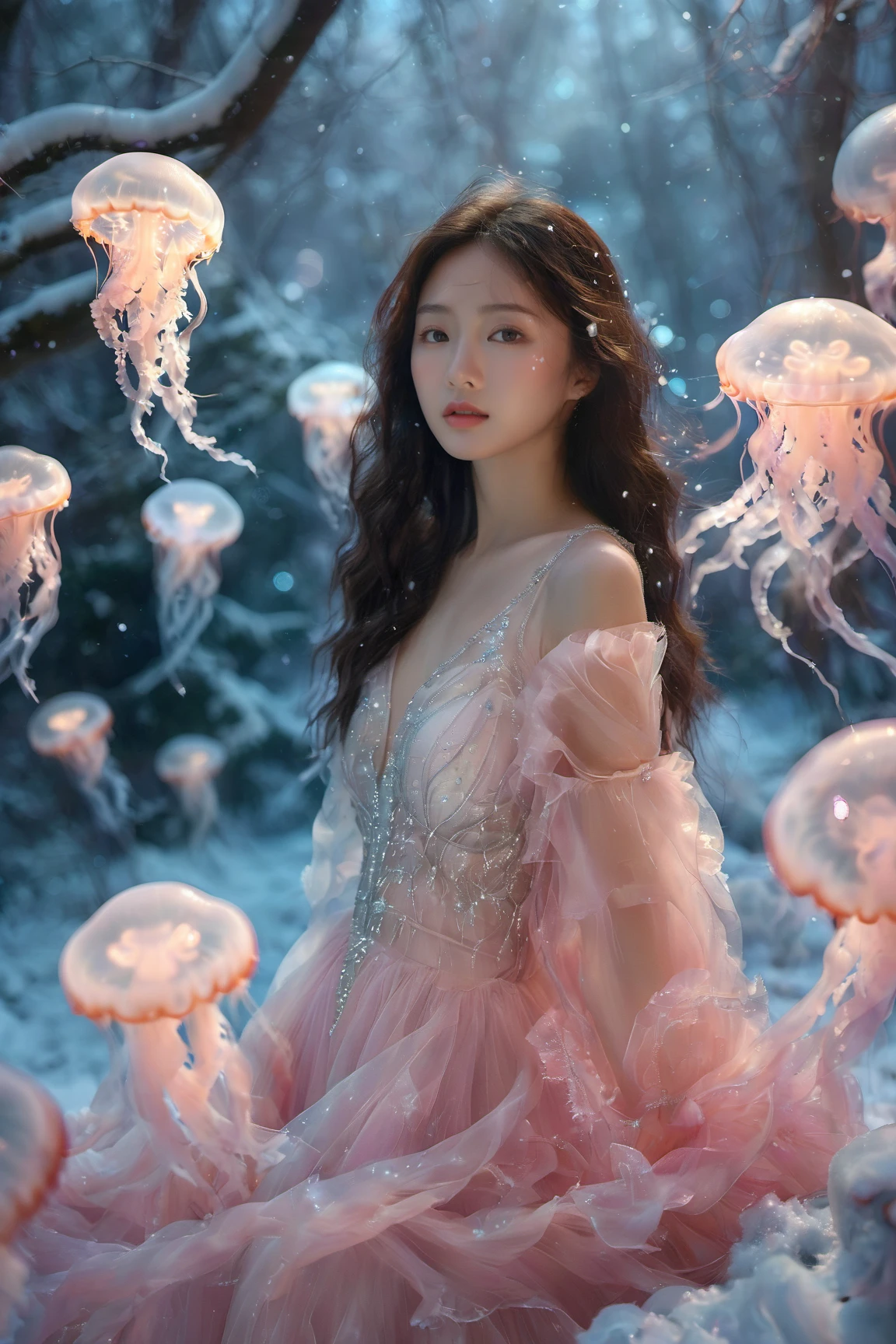 An Asian young woman with long flowing hair, adorned in a delicate silver gown, surrounded by a mesmerizing snow-covered forest environment. She stands amidst a dance of luminescent jellyfish, which glow in hues of pink and blue. The backdrop is a frozen landscape, punctuated by the soft glow of bioluminescent snowflakes and the gentle fall of snow. The woman's gaze is distant, as if lost in thought, while the jellyfish float gracefully around her, creating an ethereal and dreamlike atmosphere.<lora:EMS-412760-EMS:0.800000>, <lora:EMS-310343-EMS:0.800000>