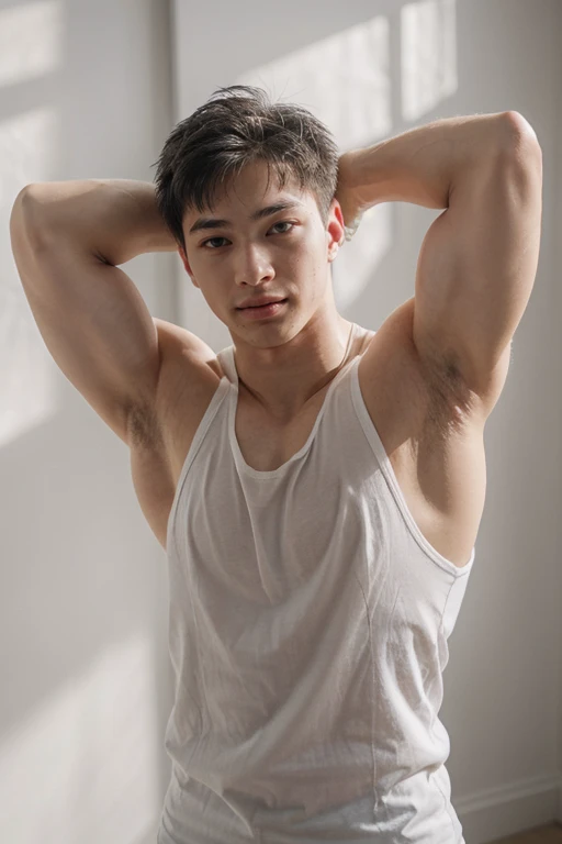 alec, kevin, face, muscular, WEARING white tank top, flexing biceps, armpits, (highres, ultra detailed) ((masterpiece)), ((best quality:1.1)), High Resolution, 8k,1boy, best quality, masterpiece, (photorealistic:1.4), 4k, glistening skin, high quality, masterpiece, best quality, dynamic poses, looking at 
viewer<lora:hyperdetailer_v095:0.3>  <lora:shinyskin2:1> <lora:new_aleckevin_000004:1>