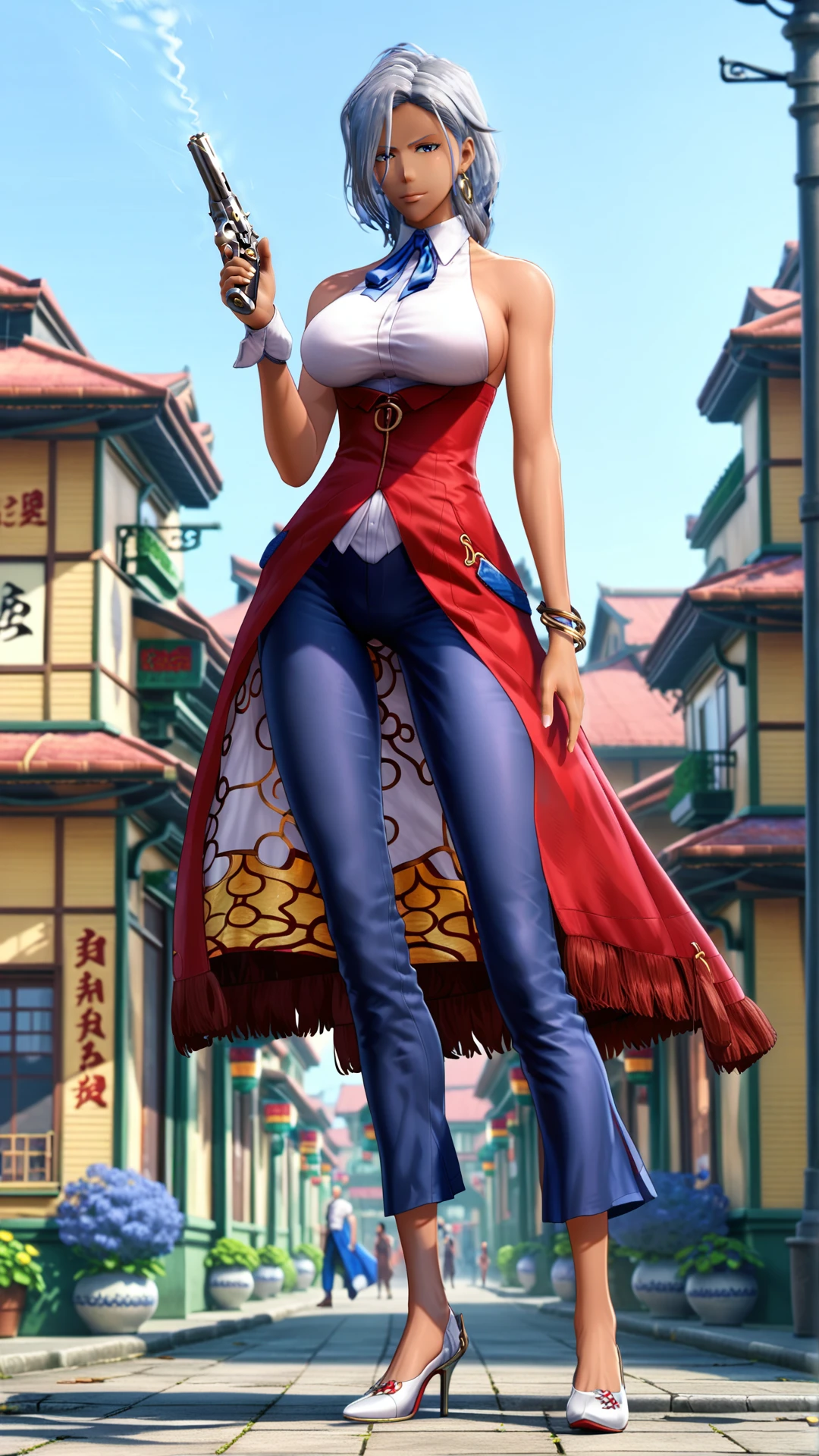 fantasy-style, (zPDXL2), (((cowboy shot))), (((dynamic pose))), (((dynamic angle))), sehele style, webtoon, anime, centered, 1girl, 1woman, anapal, tall, dark tanned skin, sideboob, dark silver hair, deep blue eyes, white dress with open back and bibs, blue ribbon, red long skirt, blue dress pants, light blue shoes, a pair of gold bracelets on her left arm and a blue and white bracelet on her right wrist, holding a small revolver, outdoors, japan town background, <lora:sd_xl_dpo_lora_v1:1>, <lora:OMG-Is-DucHaiten_v1.0:0.1>, <lora:Seunghee_Lee_Style_PDXL:1>, <lora:ManhwaSDXL:0.8>, <lora:anapal_PonyXL:0.8>