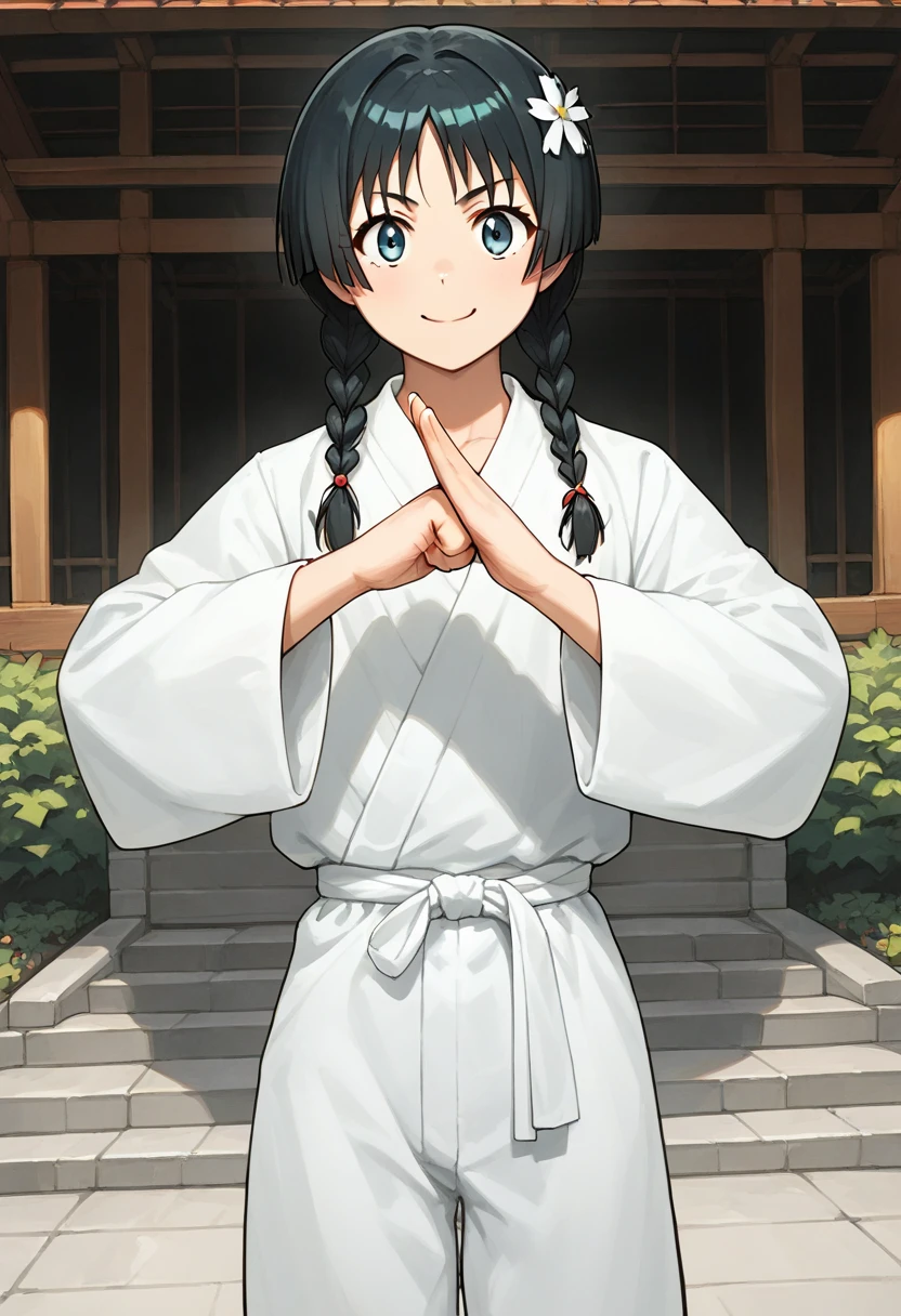 (fist-palm salute:1.5), score_9, score_8_up, score_7_up, source_anime, ultra detailed, 
Generate a picture of a girl making fist-palm salute in a big garden in front of a big traditional Chinese building,  (fist and palm folded in front), front view, light smile. she is wearing a yin_yang_print robe, white pants, barefoot, looking at viewer seriously,
1girl has black hair which is made into twin braids  with bangs, wearing hair ornament and hair flower, yellowish skin, flat chest, slender body with narrow waist, round face with light blue eyes, 
  saten ruiko, solo, 
 <lora:saten-ruiko-ponyxl-lora-nochekaiser:1>,<lora:fist-palm_salute_Pony:0.8>