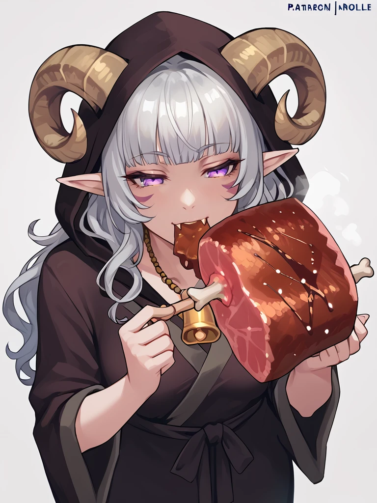 <lora:boned_meat_manga_meat:1> boned_meat, holding_food, fangs, holding boned_meat, steam on meat, eating, 
source_furry, score_7_up, rating_safe, cowboy shot, gold necklace, tiefing, short pointed ears,brown horns, (a pair of brown sheep Horns that begin at her temples and curve back: 1.5), bangs,long silver hair long wavy hair, pale skin,<lora:whisker_markings:0.8> whisker_markings:1.4 , pointy ears, purple eyes:1.2, <lora:age_slider_v4:0.6>   medium breasts, skinny female, close up, silver hair, <lora:Tieflingnew weird fantasyDND:0.3> Tiefling, pointed ears, horns, from above,  half-closed eyes:1.5,<lora:Smooth Style 2 SDXL_LoRA_Pony Diffusion V6 XL:0.5>  shepherd's crook, bell, robe, hood off, <lora:Nanoless_Artist_Style_PonyXL:0.3>