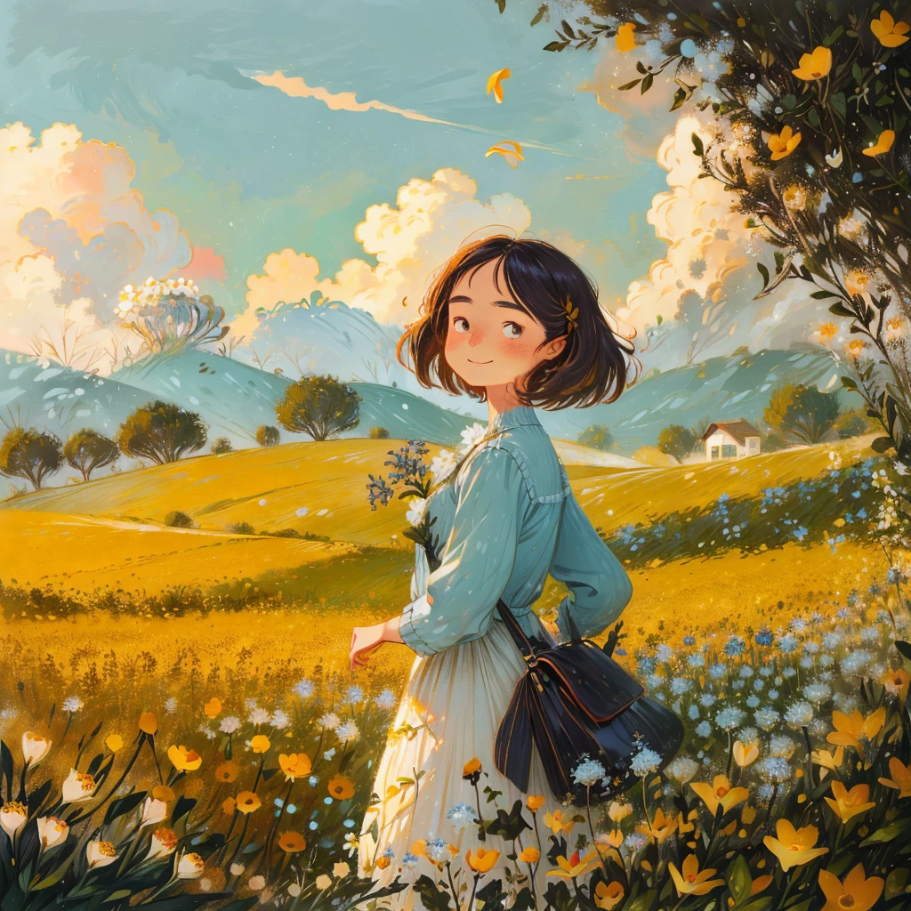 fredpillot style, 1girl, smiling, flower field in background, focus on face, <lora:Frédéric_Pillot_style_standard:1>